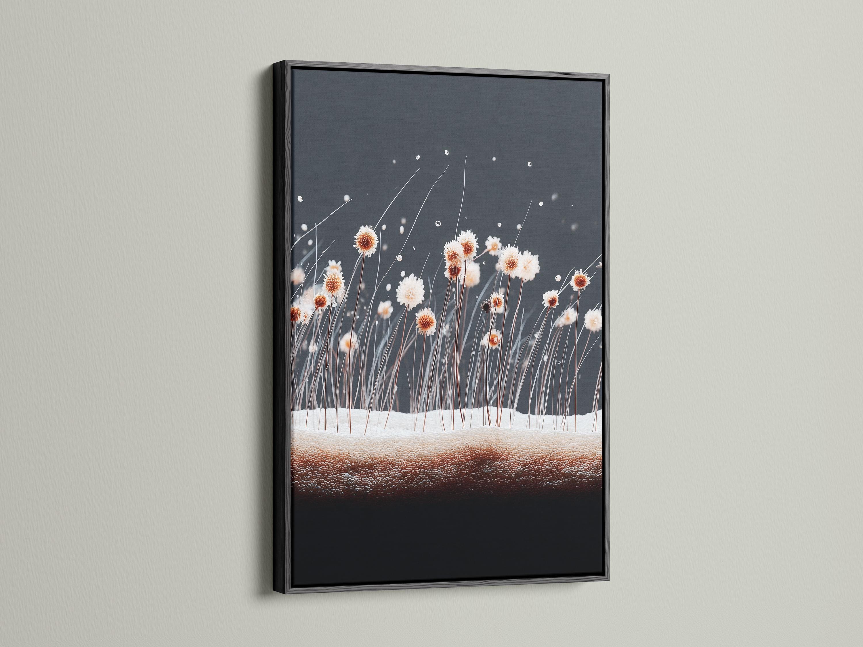 Room mockup showing a framed botanical dandelion-like blossom artwork