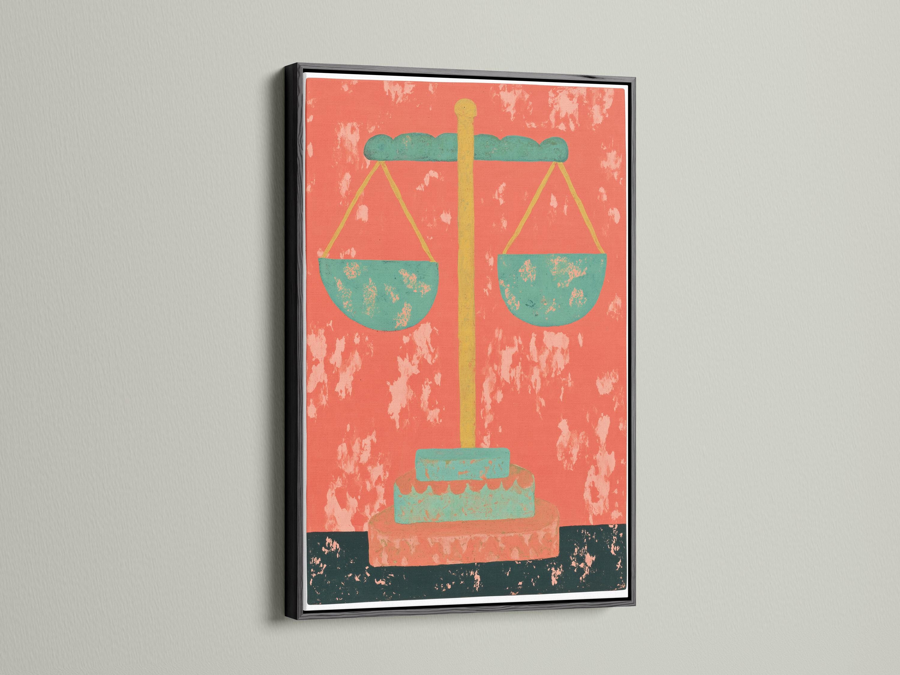 Stylised scales of justice with mint-green pans and gold beam on a coral-red distressed background detail view