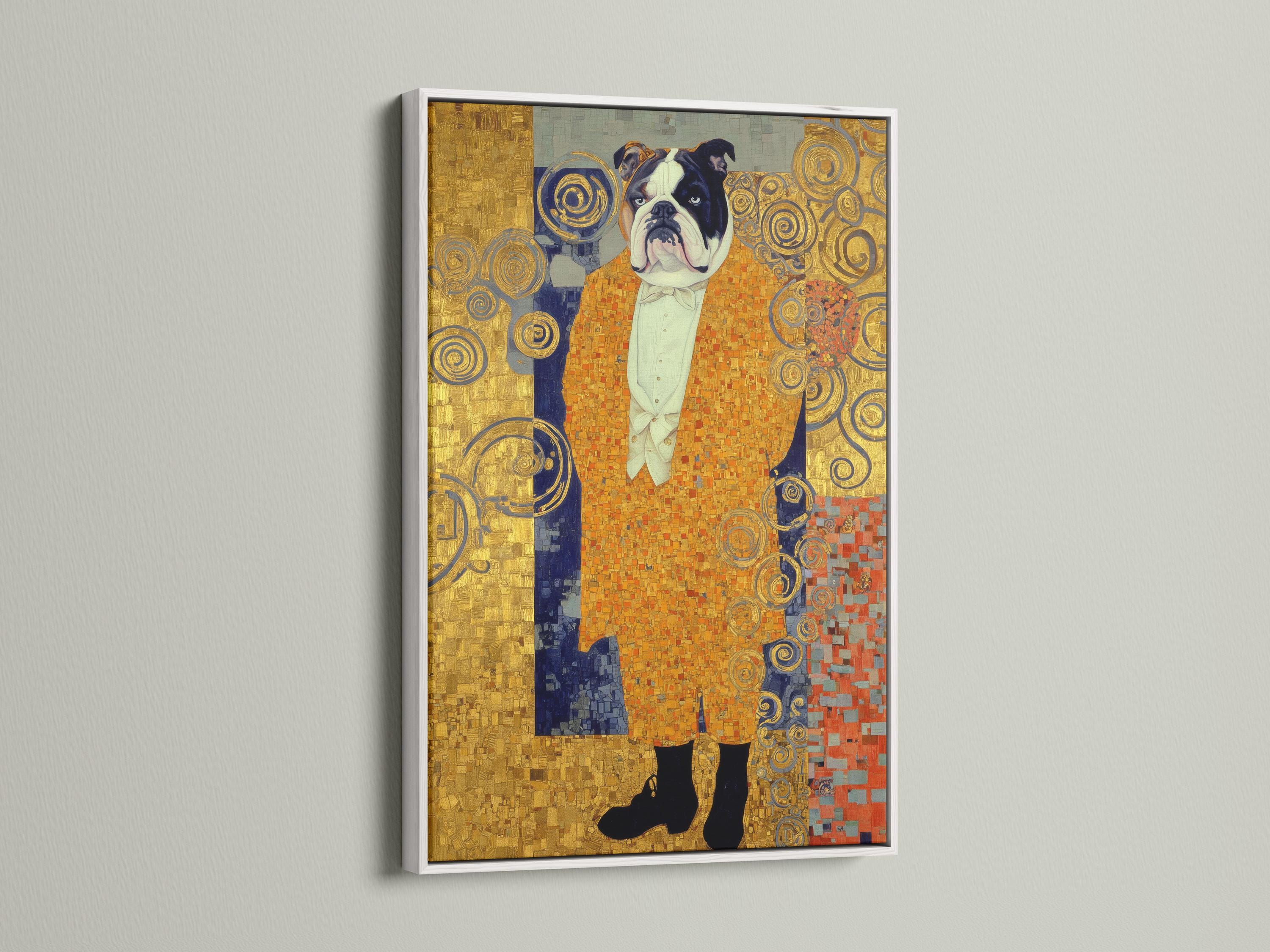 Stylised bulldog portrait with gold ornamental swirls and mosaic-like background in blue and warm reds detail view