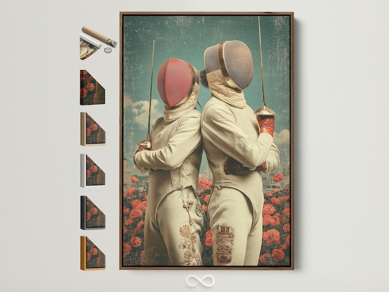 Two fencers in cream masks standing back-to-back with red roses and a hazy city skyline