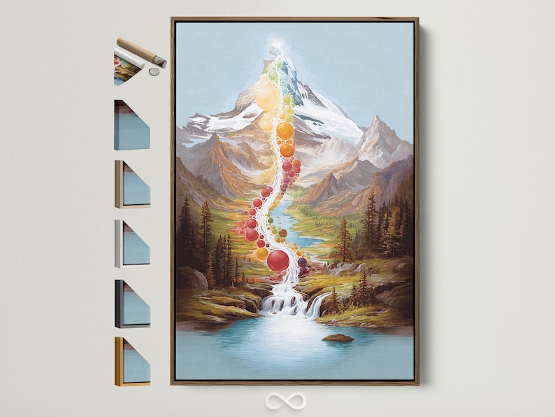 Rainbow chakra-like spiral of coloured circles over a mountain waterfall landscape
