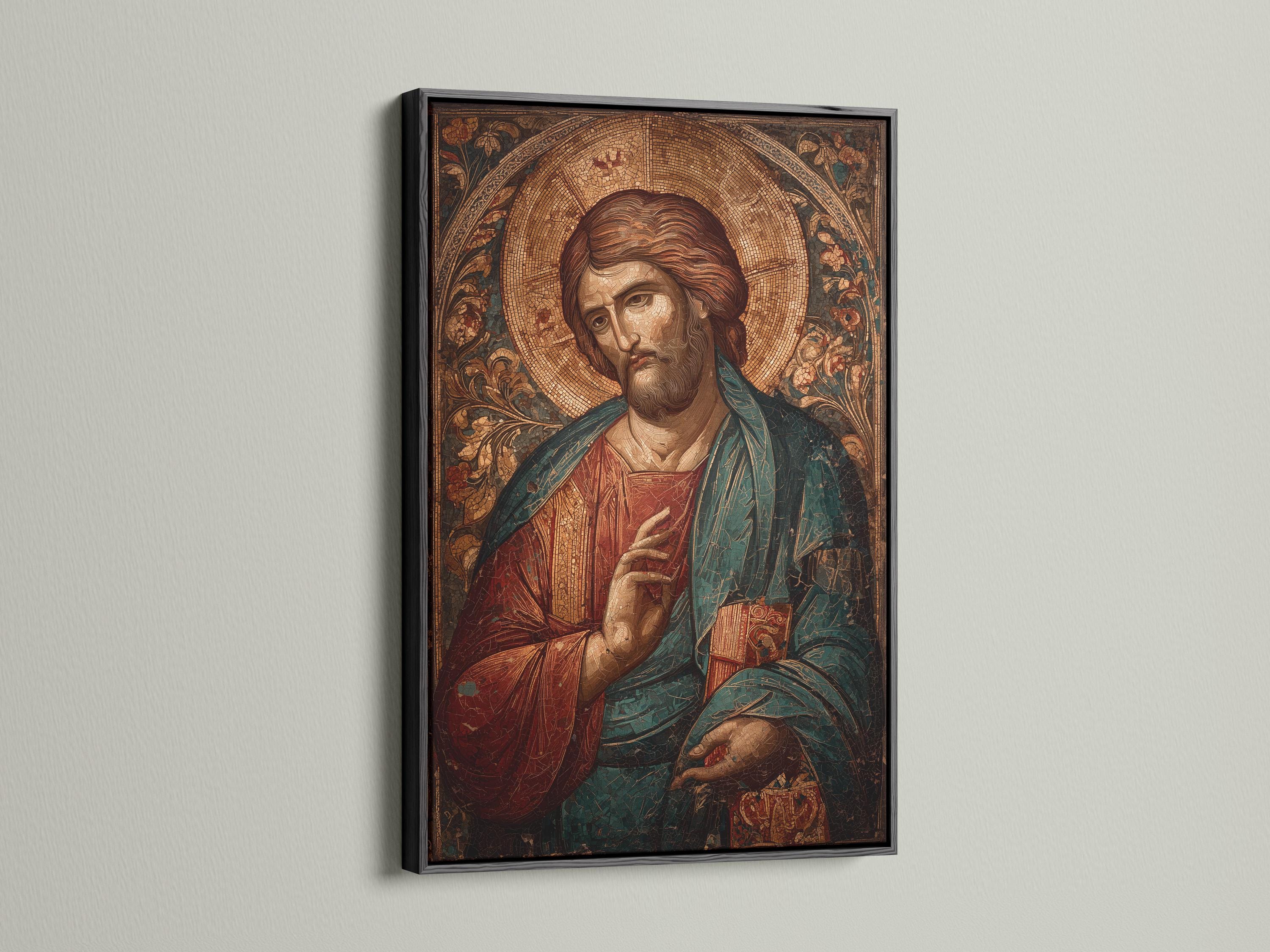 Jesus portrait religious artwork shown in a mockup with hanging options on the side