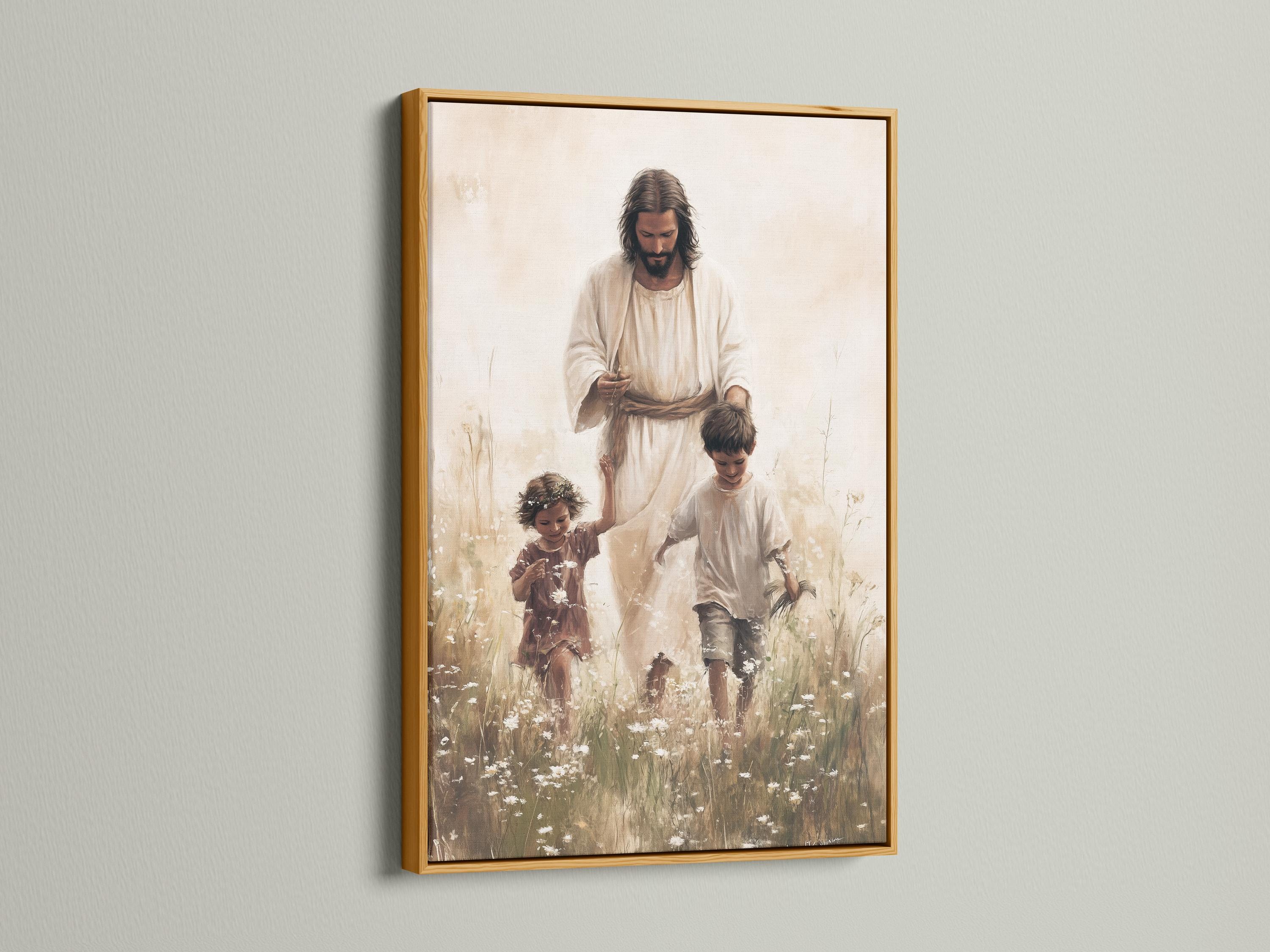 Jesus in pale robes with two children in a grassy field with scattered white blossoms detail view