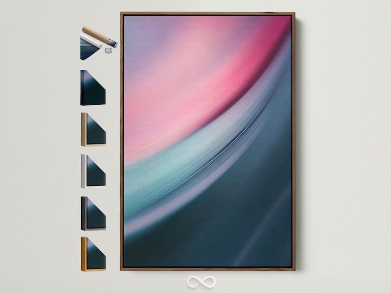 Abstract artwork with sweeping pink and teal curved gradients
