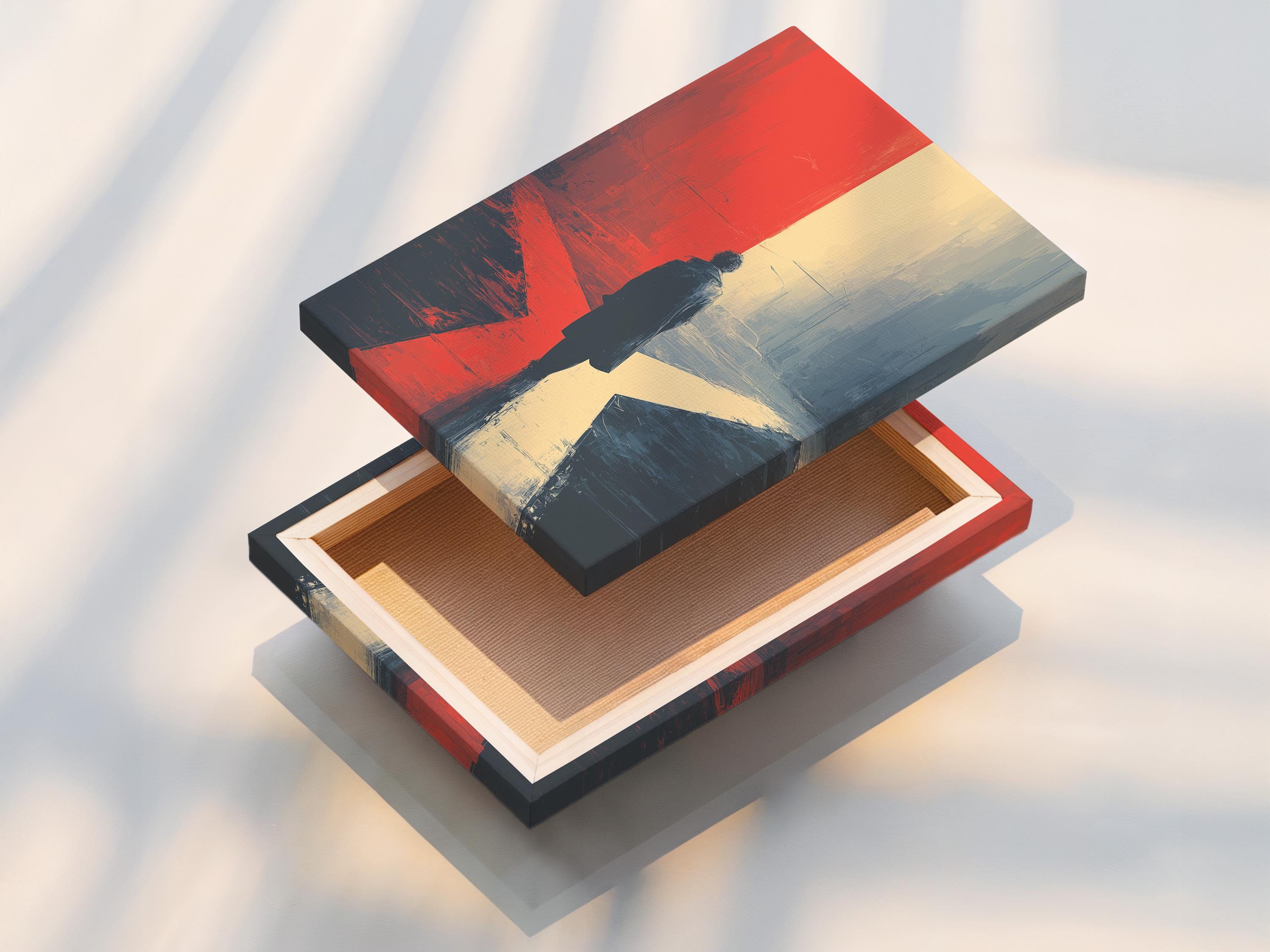 Portrait artwork showing a solitary figure walking away through a red and blue urban-style scene detail view