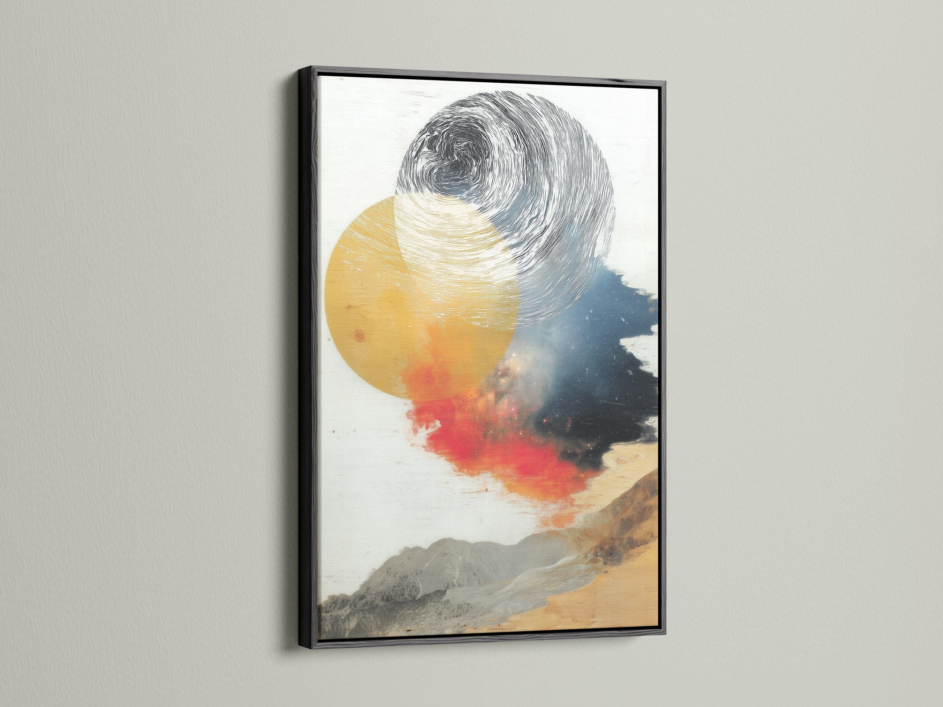 Ochre, grey and blue abstract landscape with swirling wave linework and overlapping circles detail view
