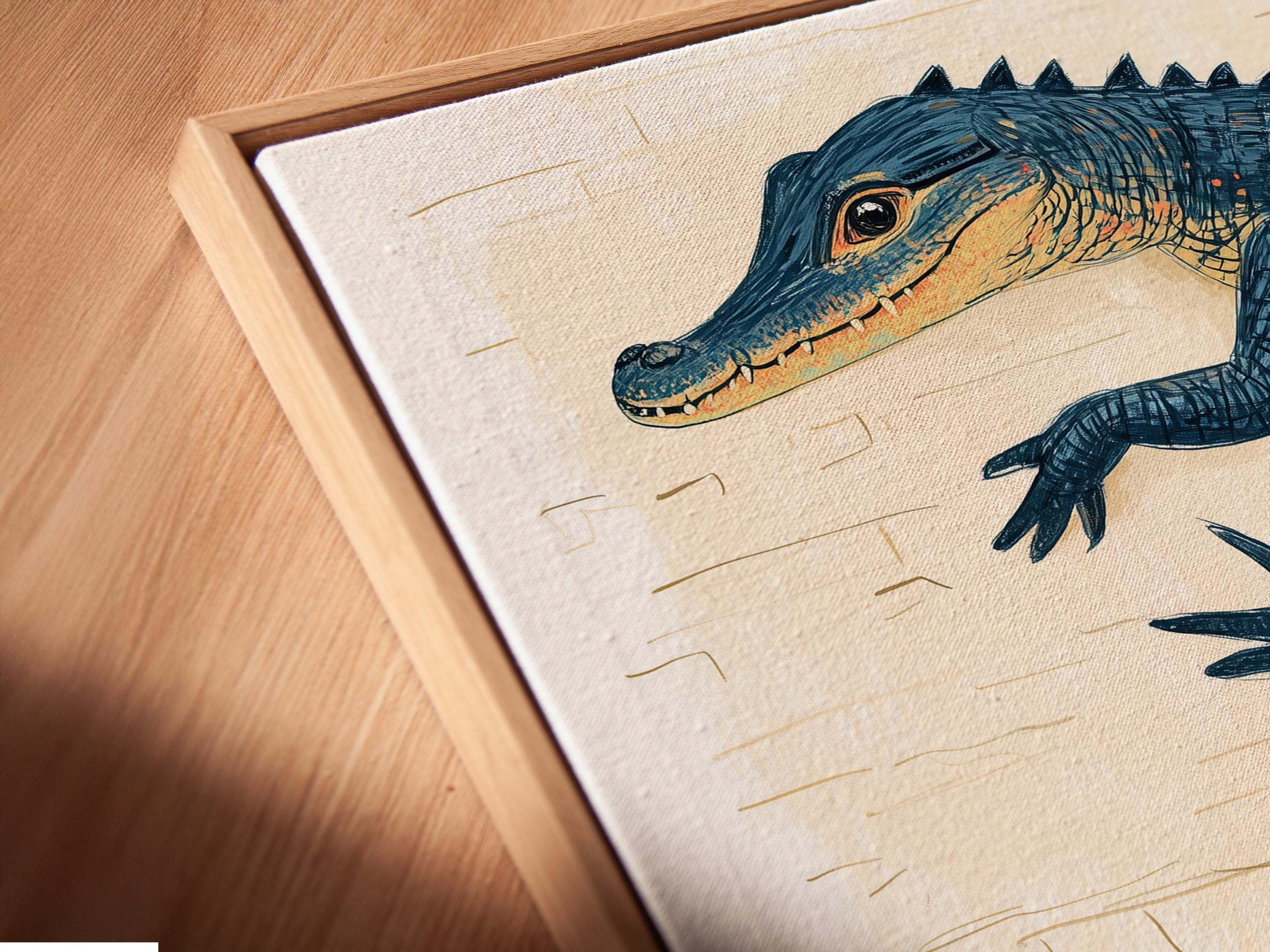 Blue alligator illustration forming a circular loop with scale-like linework on a cream background detail view
