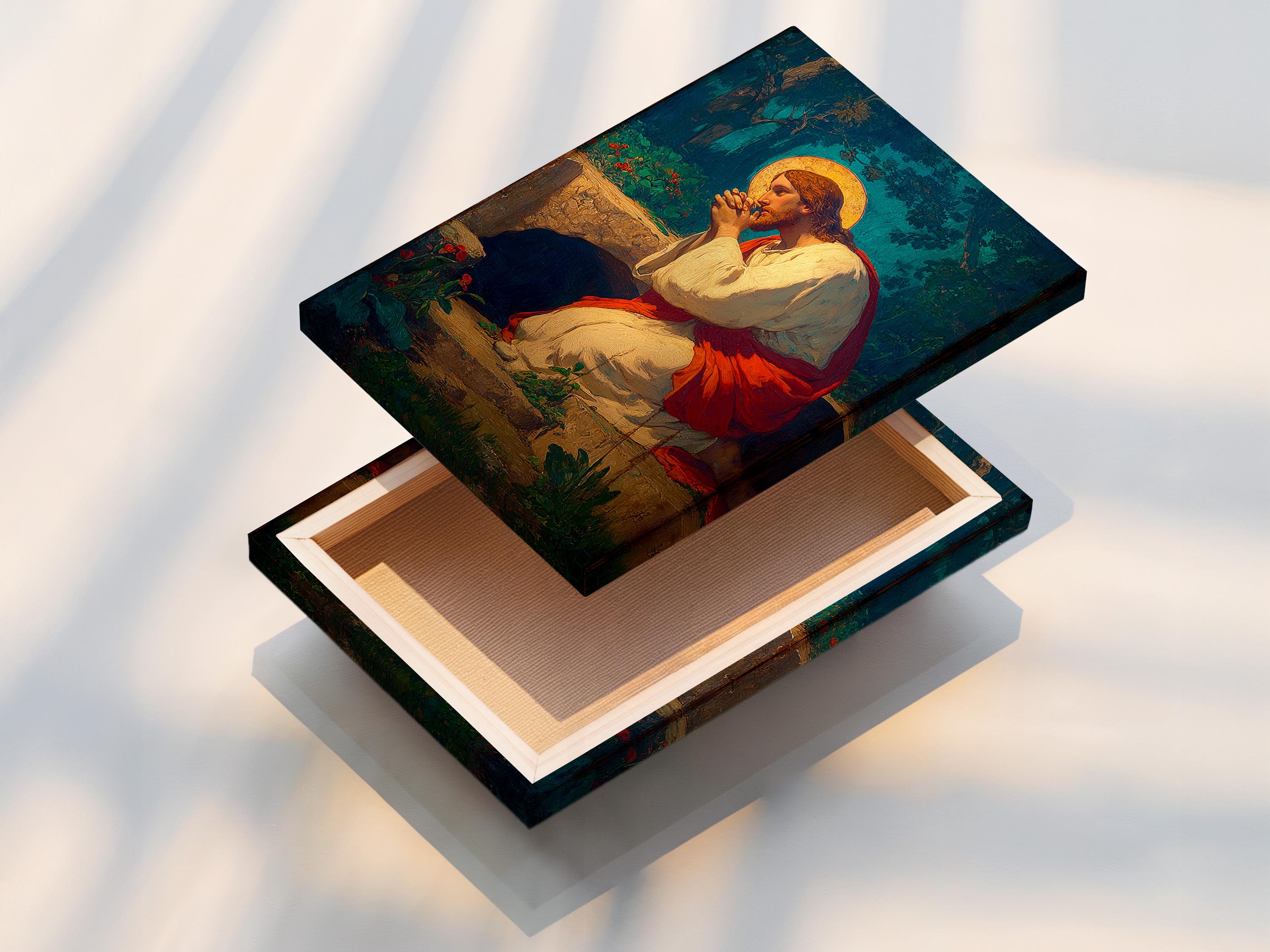 Praying religious portrait with a glowing golden halo against a deep blue-green landscape detail view