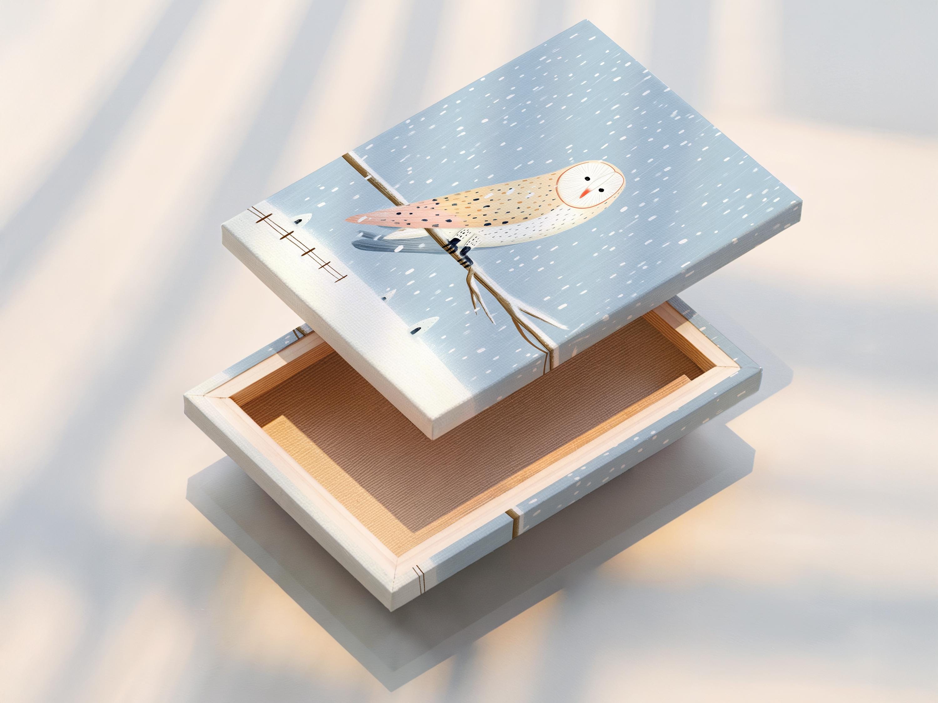 Illustrated owl flying through falling snow in a blue winter scene detail view