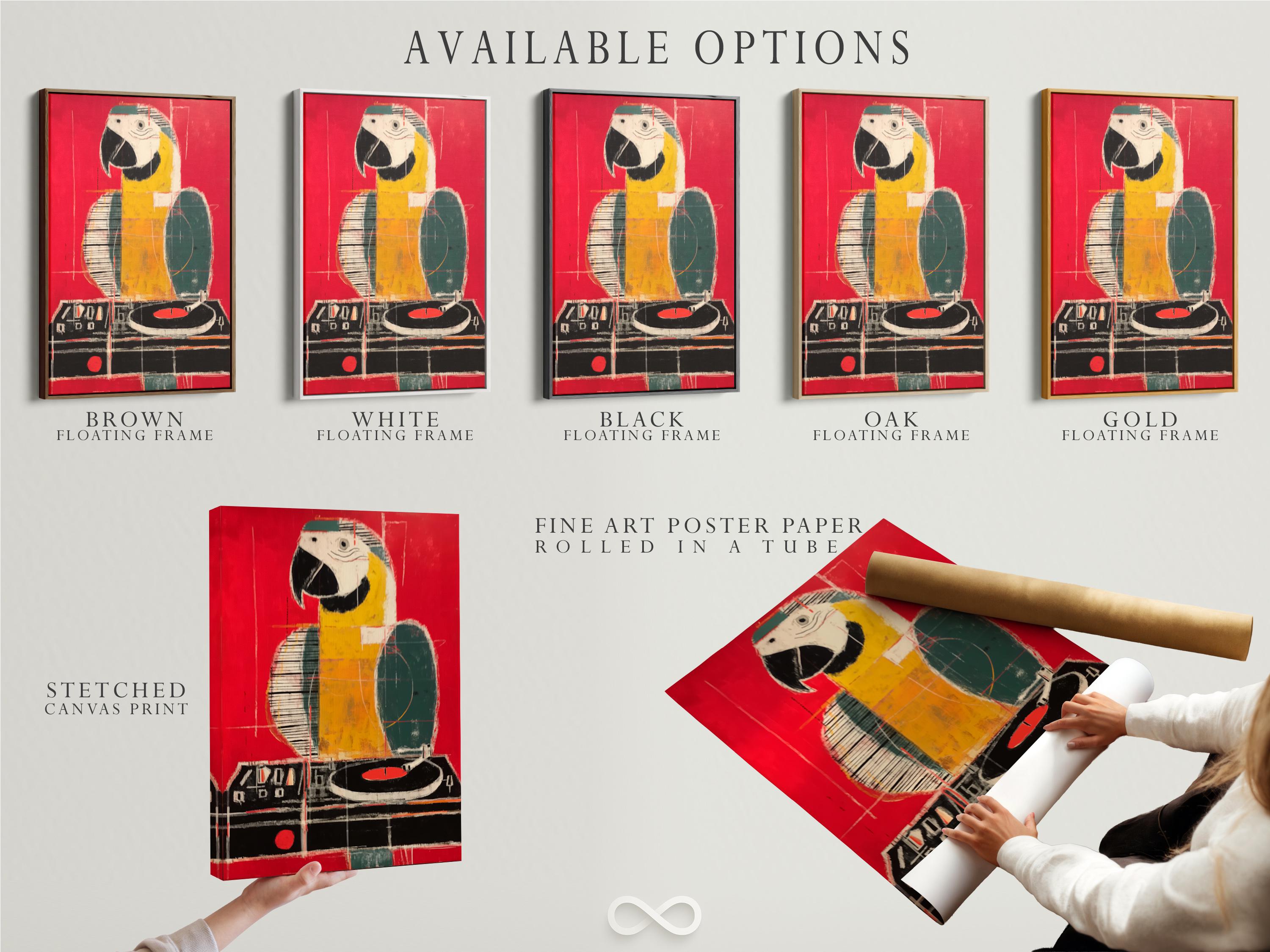 Stylised parrot-like bird artwork in red, yellow and black with painterly, grid-like lines detail view