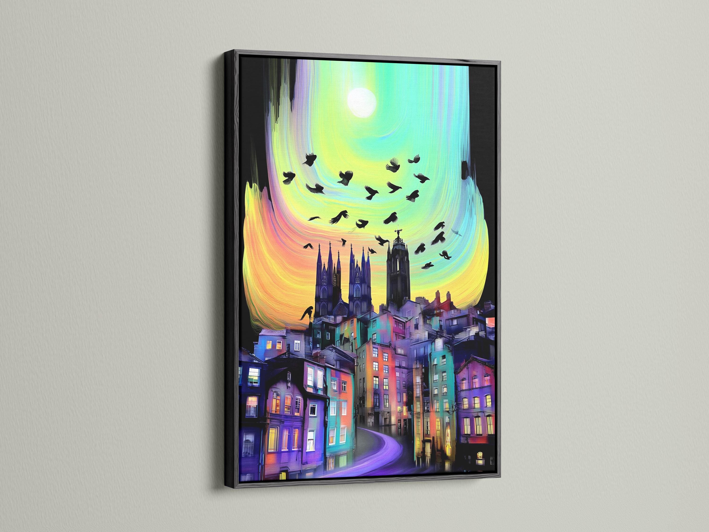 A colourful cityscape with gothic buildings sits beneath a bright stylised moon, while dark birds fly across a swirling sky detail view