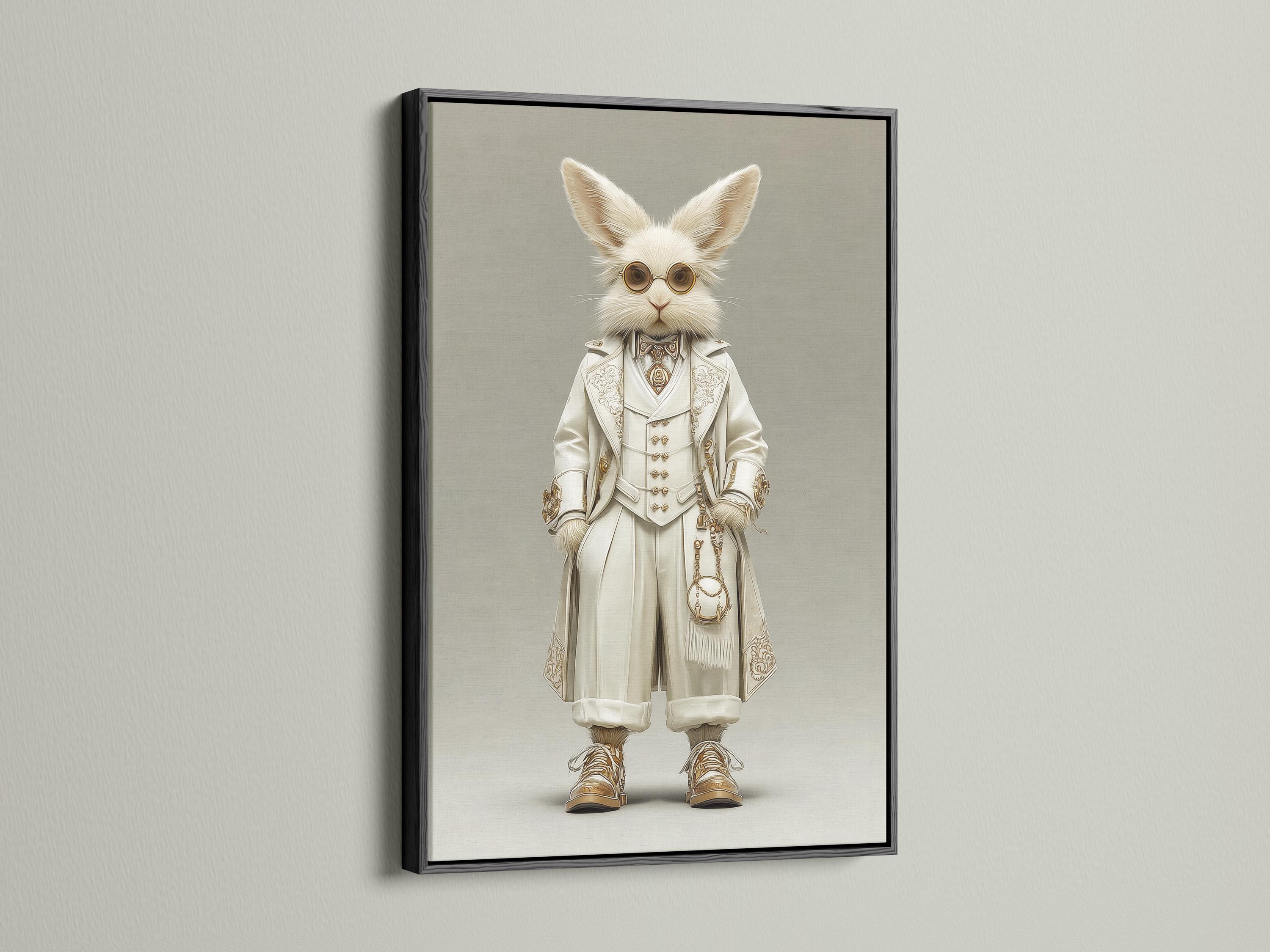 A framed rabbit portrait artwork featuring a white rabbit with round gold spectacles and a Victorian outfit