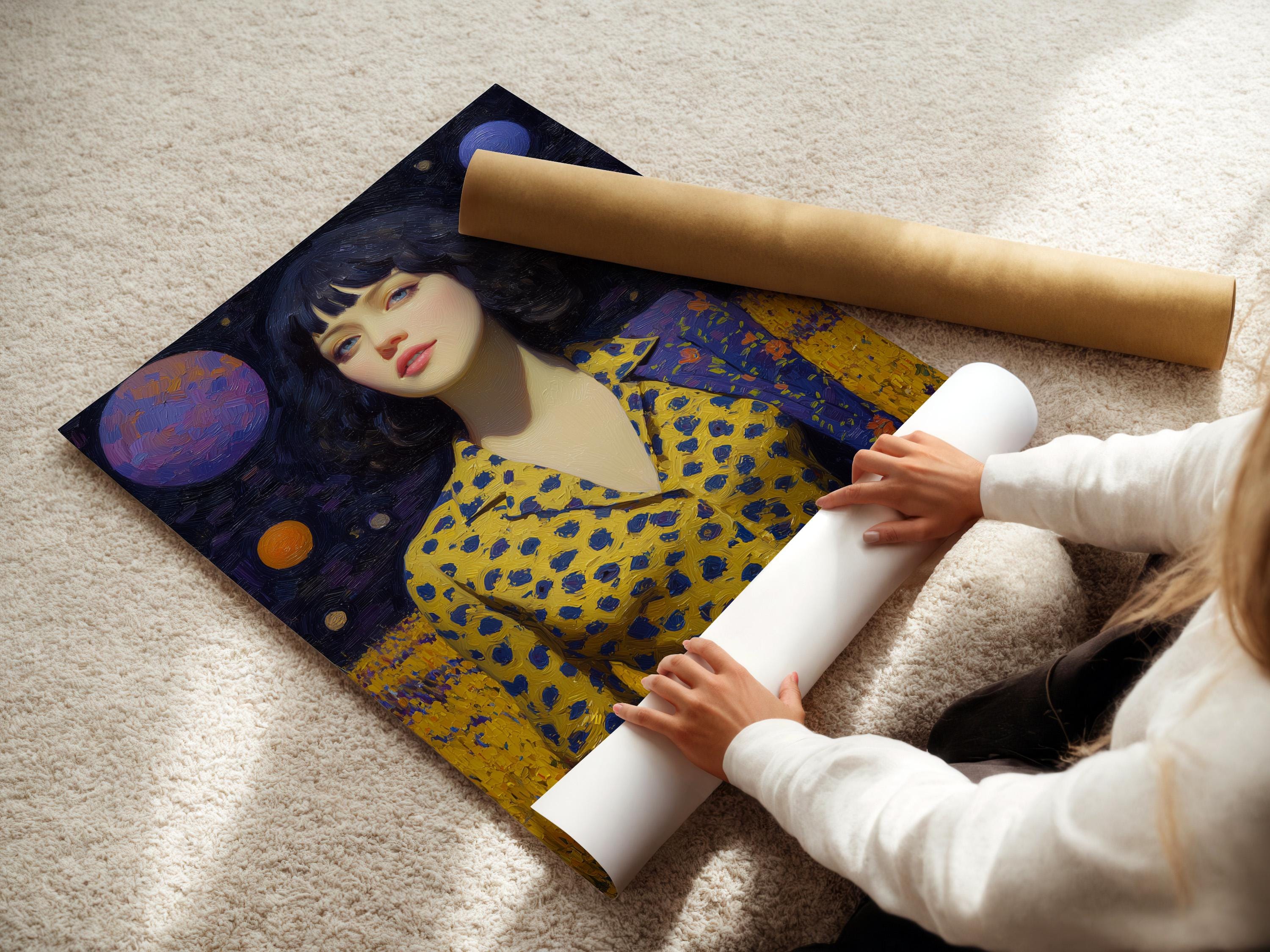 Stylised woman portrait in a dark starry galaxy with planets and a mustard-yellow patterned dress detail view