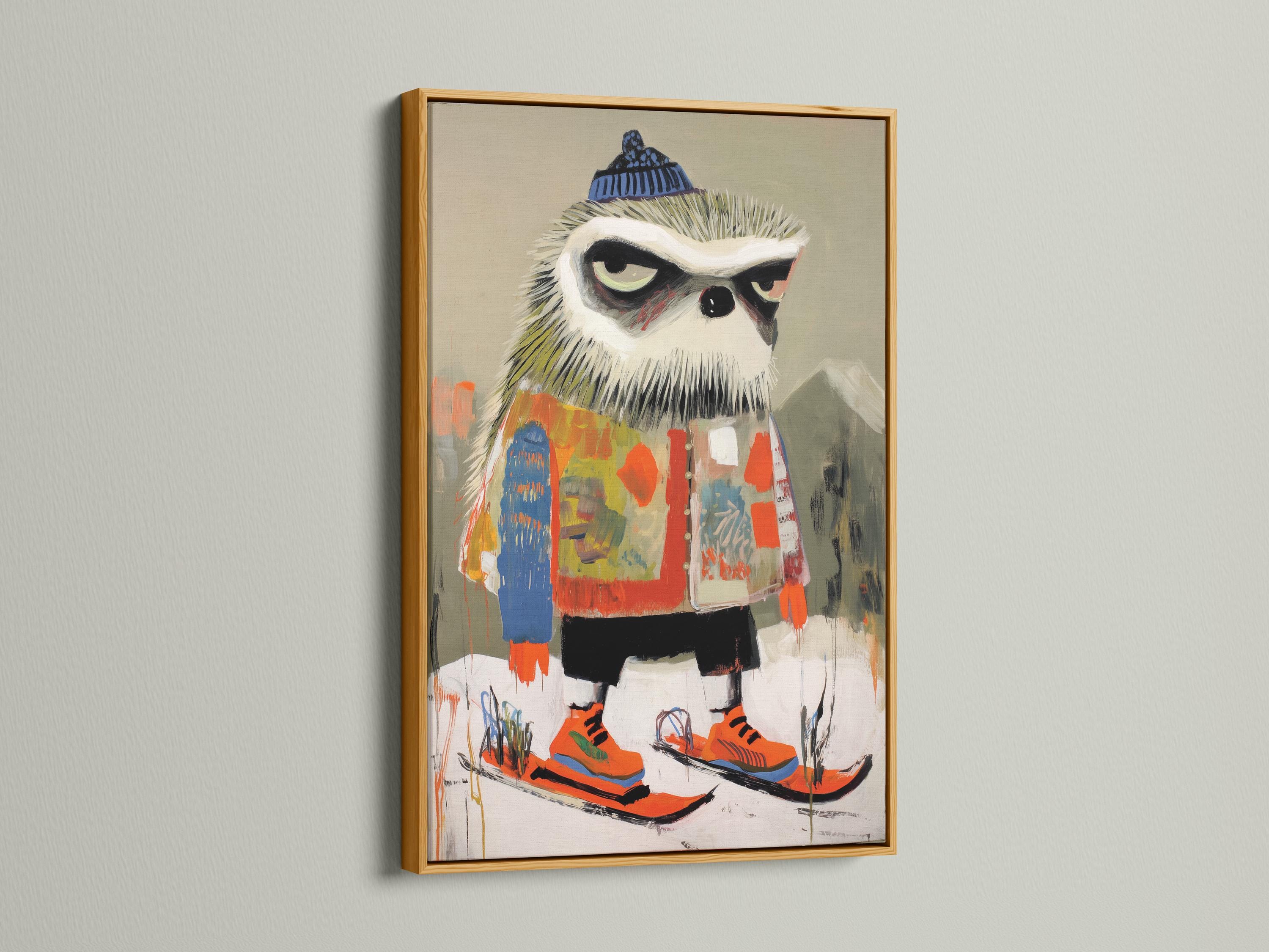 A stylised animal figure wearing a winter knit hat and skis is shown in a loose, painterly style with bright orange and blue accents detail view