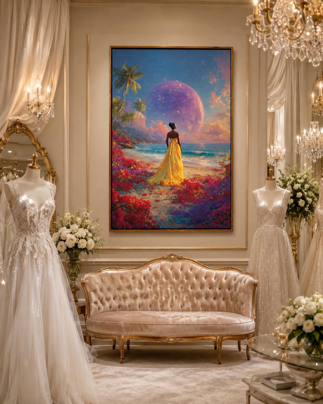 Room scene with a woman in a gold dress tropical beach artwork leaning against a wall
