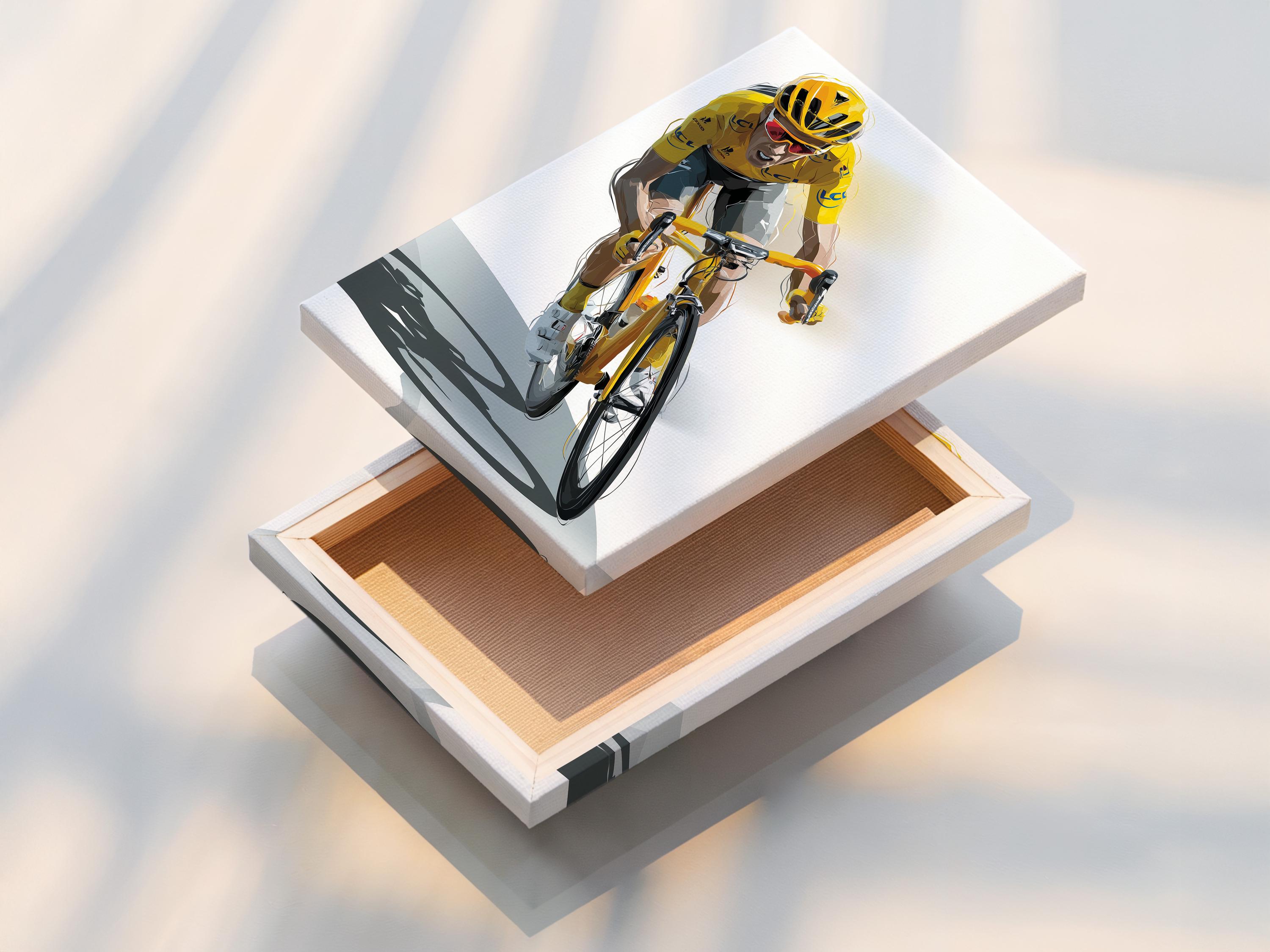Illustration of a cyclist in a bright yellow jersey racing on a bicycle against a pale background detail view