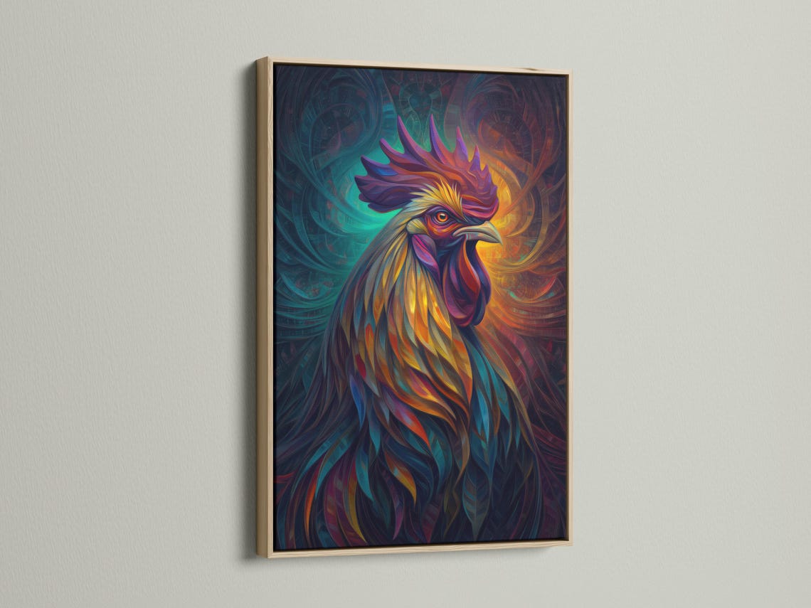 Room mockup showing framed rooster artwork in vivid teal, orange, purple and yellow