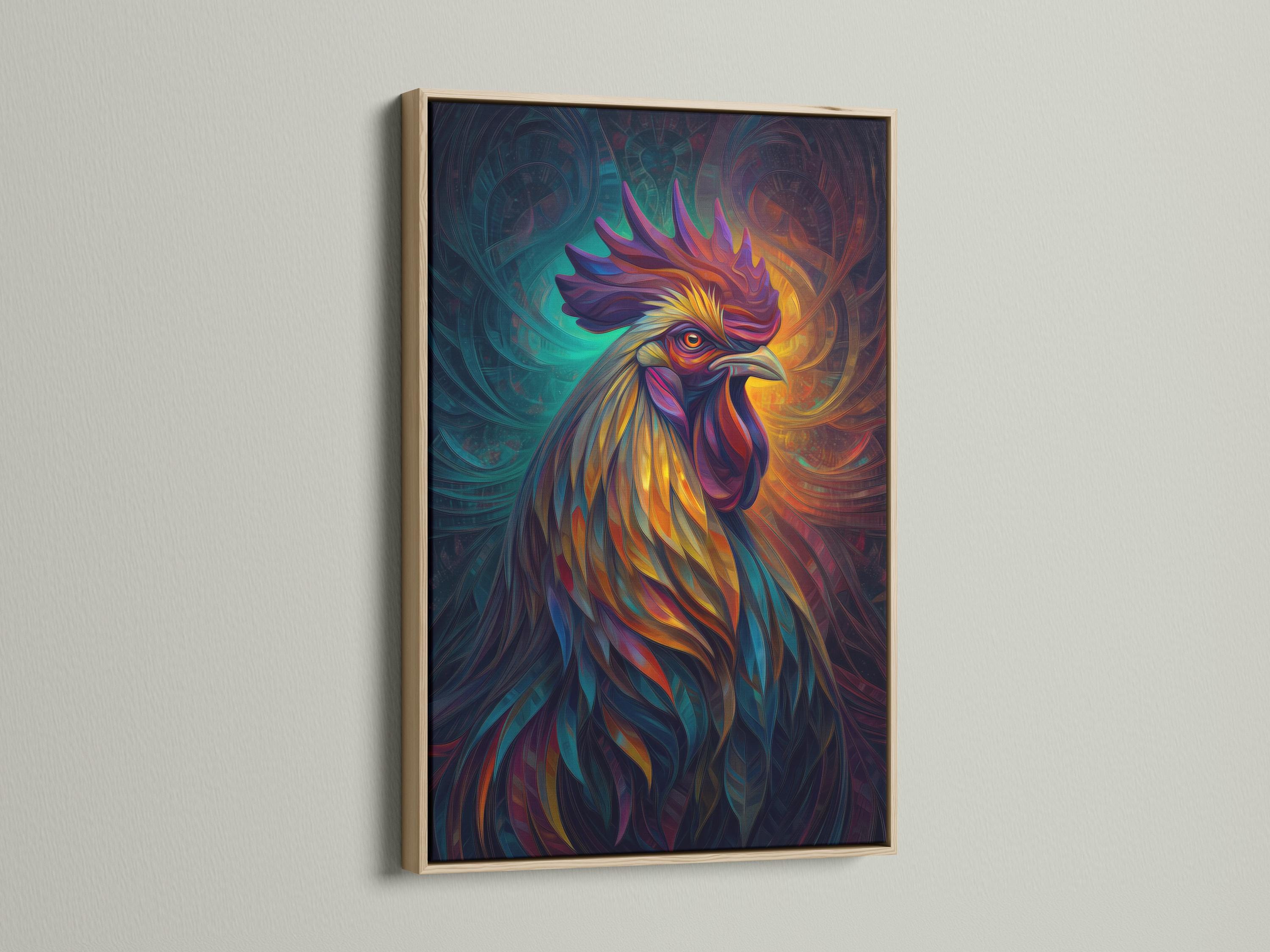 Room mockup showing framed rooster artwork in vivid teal, orange, purple and yellow