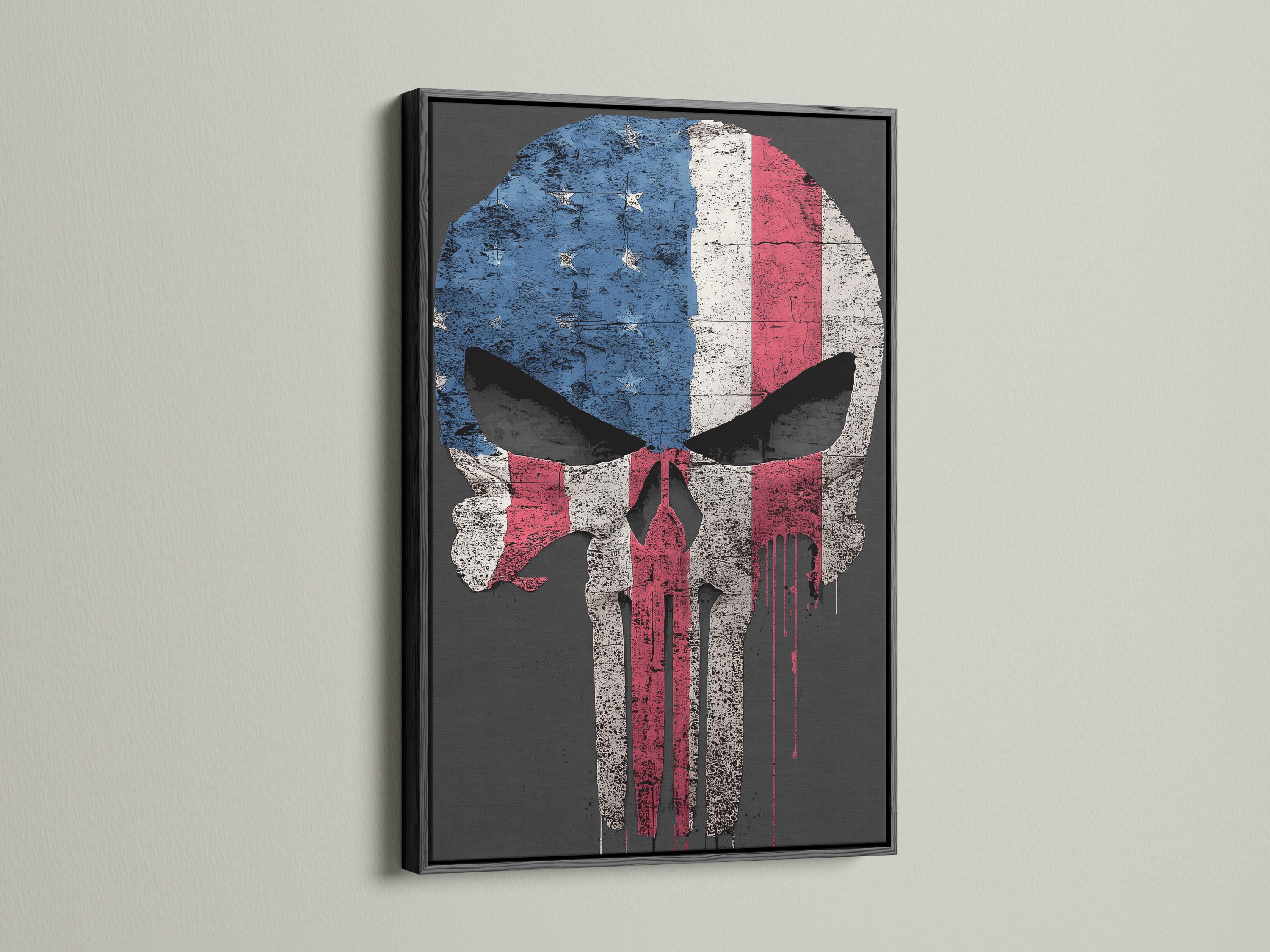 Portrait framed artwork mockup showing a distressed skull flag design