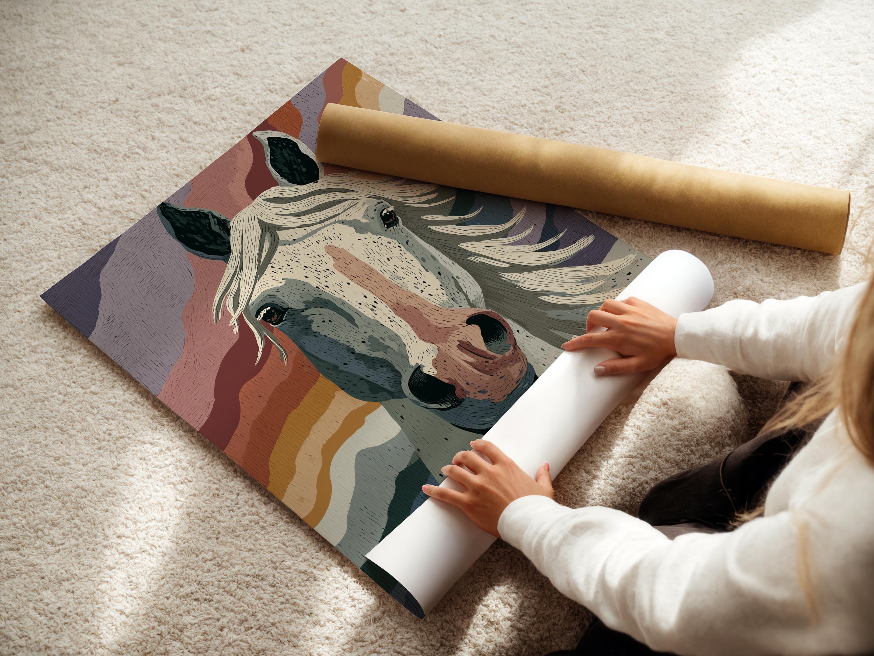 Abstract portrait of a horse head with cream muzzle, dark ears and flowing mane over layered wave-like bands detail view