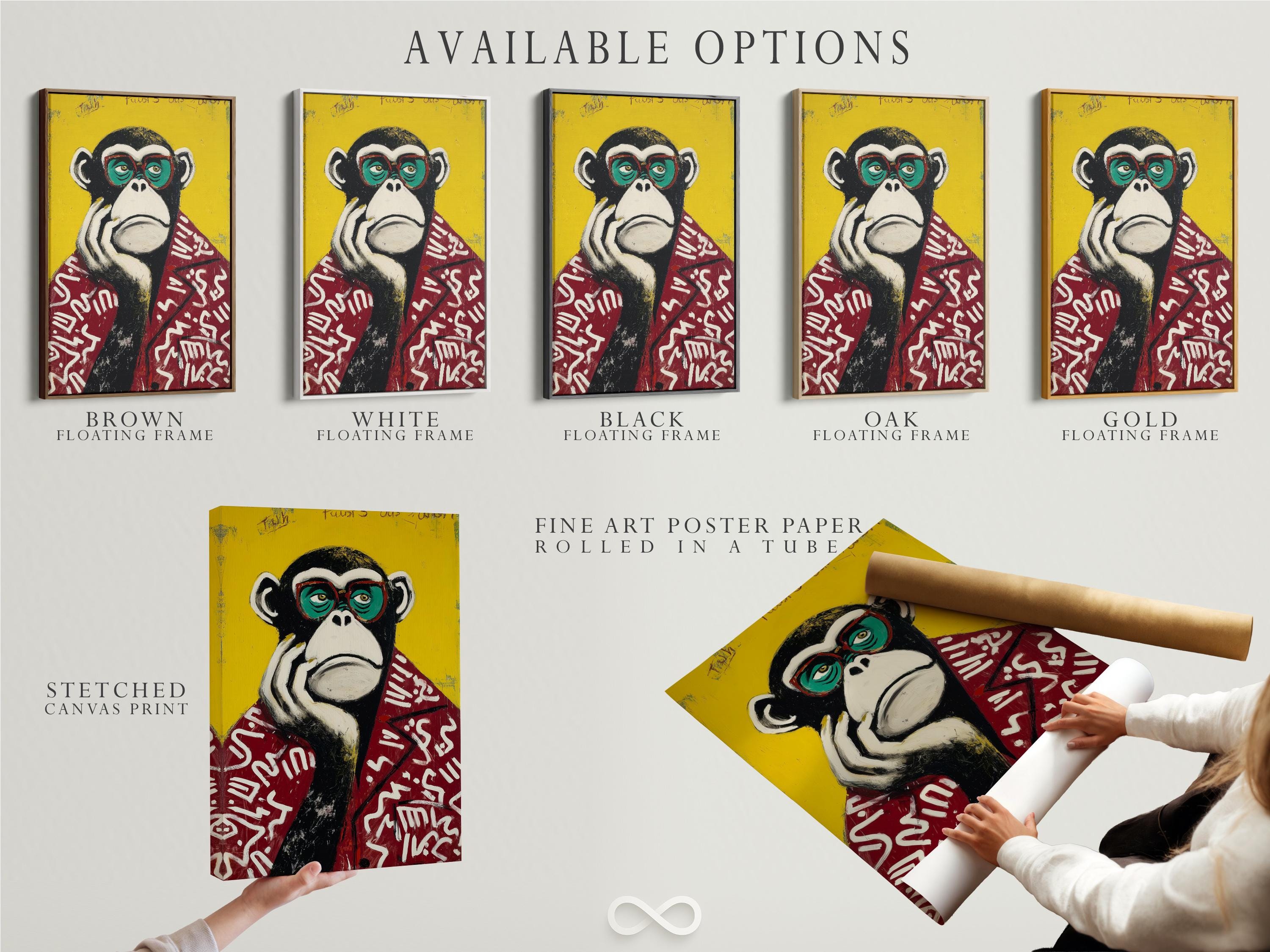 Portrait of a stylised monkey wearing oversized round glasses against a bright yellow background detail view