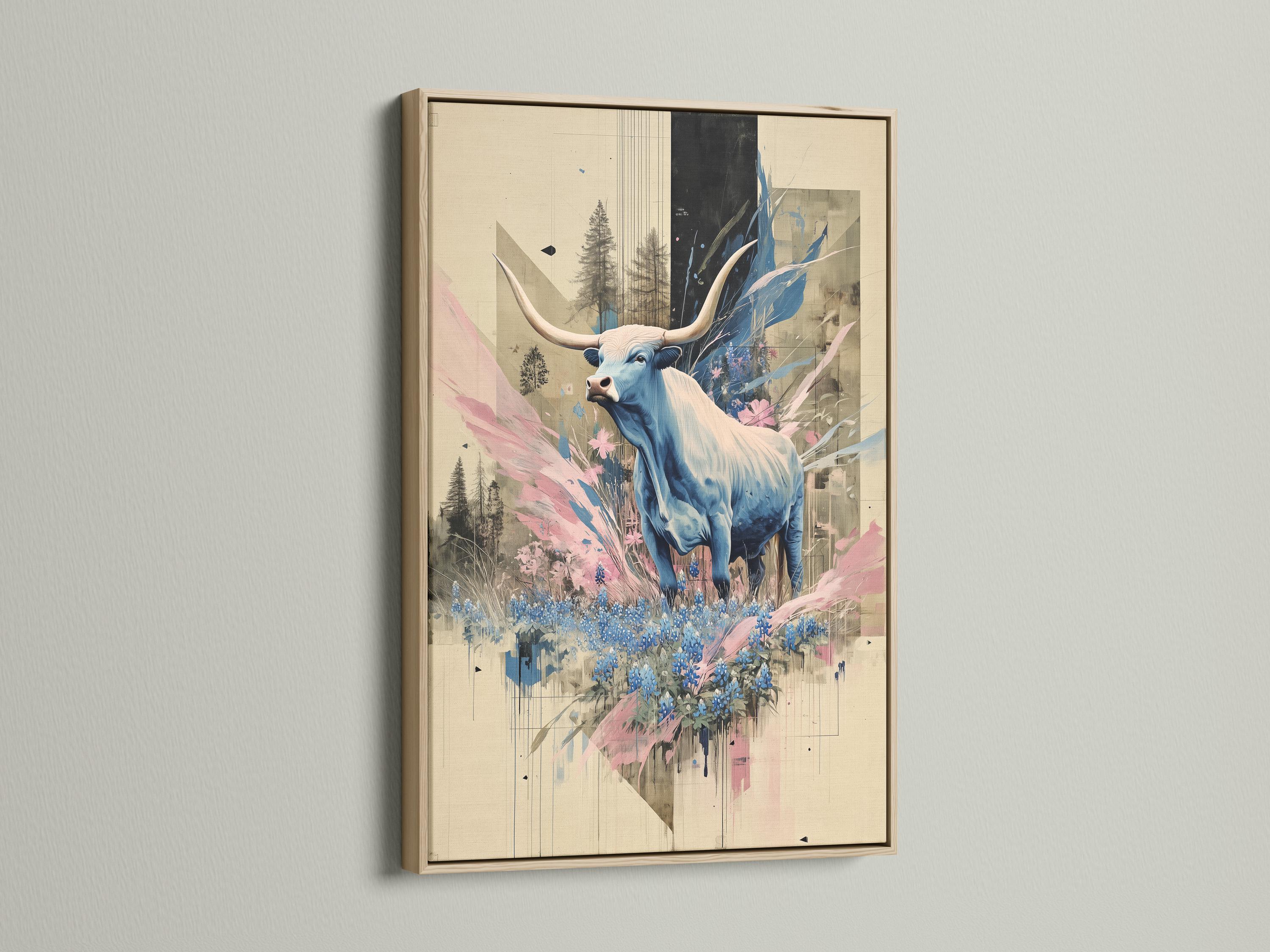 Stylised blue longhorn with horns and pink and blue flowers in a collage-like scene detail view