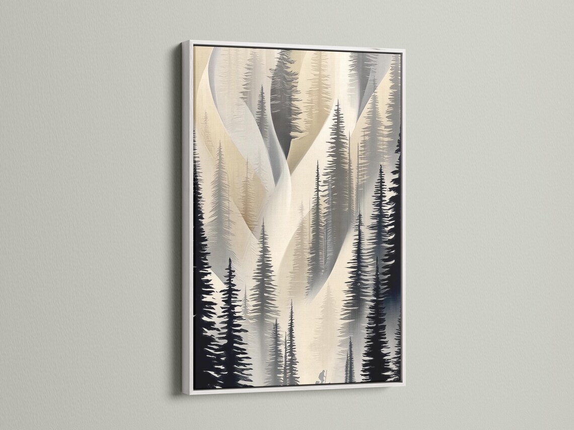 Neutral forest artwork with layered pine silhouettes in beige and charcoal tones detail view