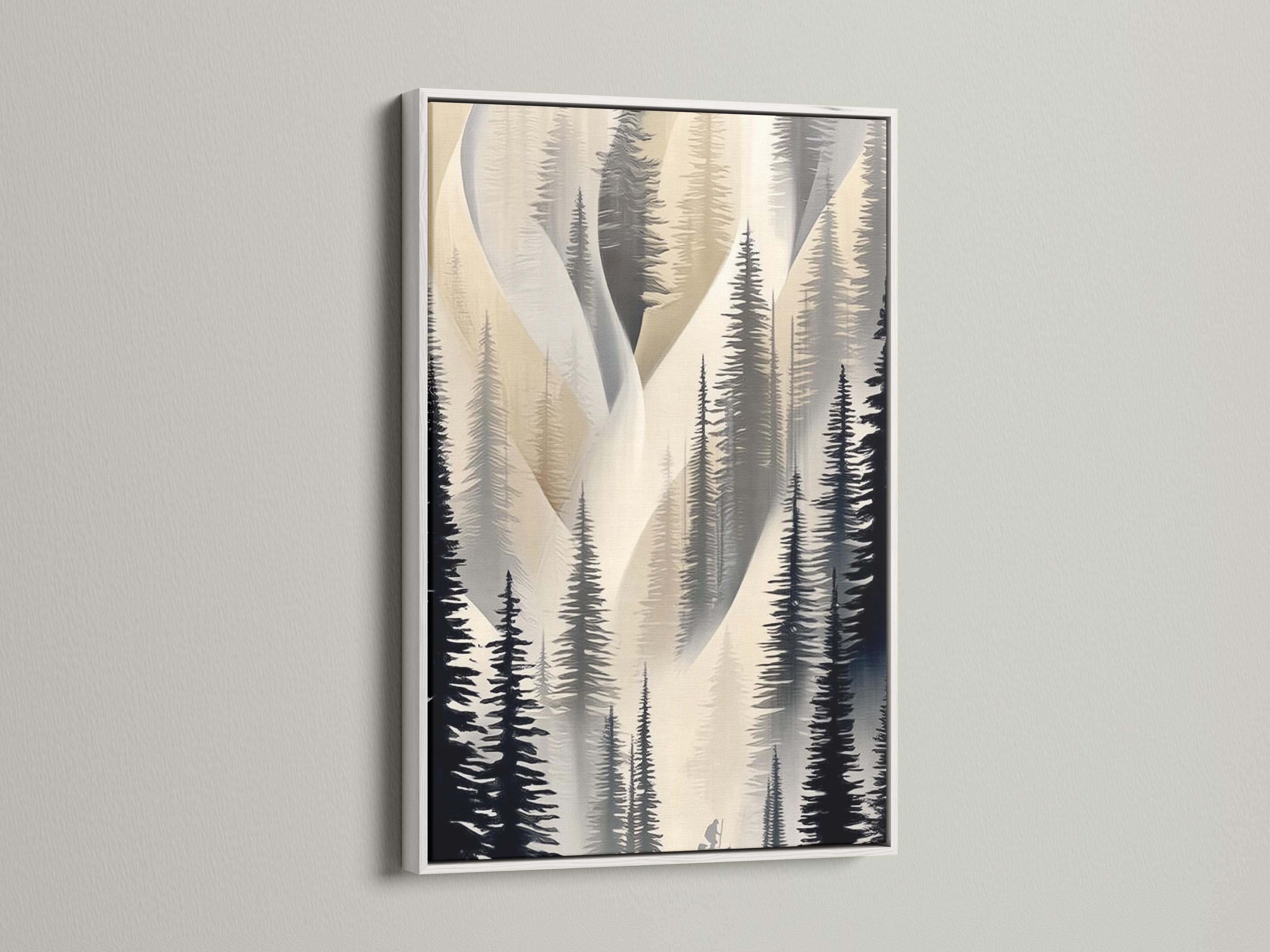 Neutral forest artwork with layered pine silhouettes in beige and charcoal tones detail view