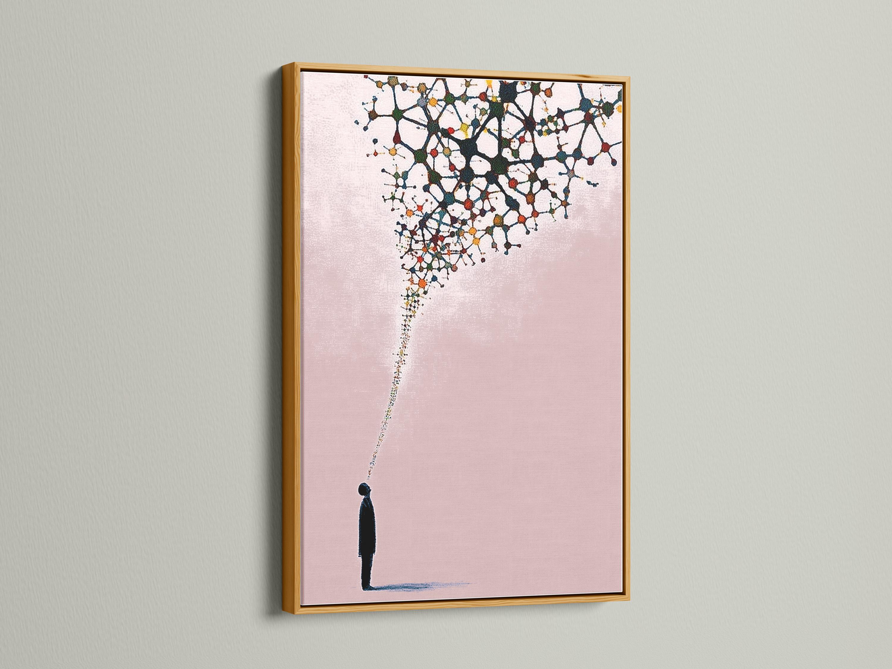 Blush pink abstract artwork with a black silhouette figure and branching network of coloured nodes detail view