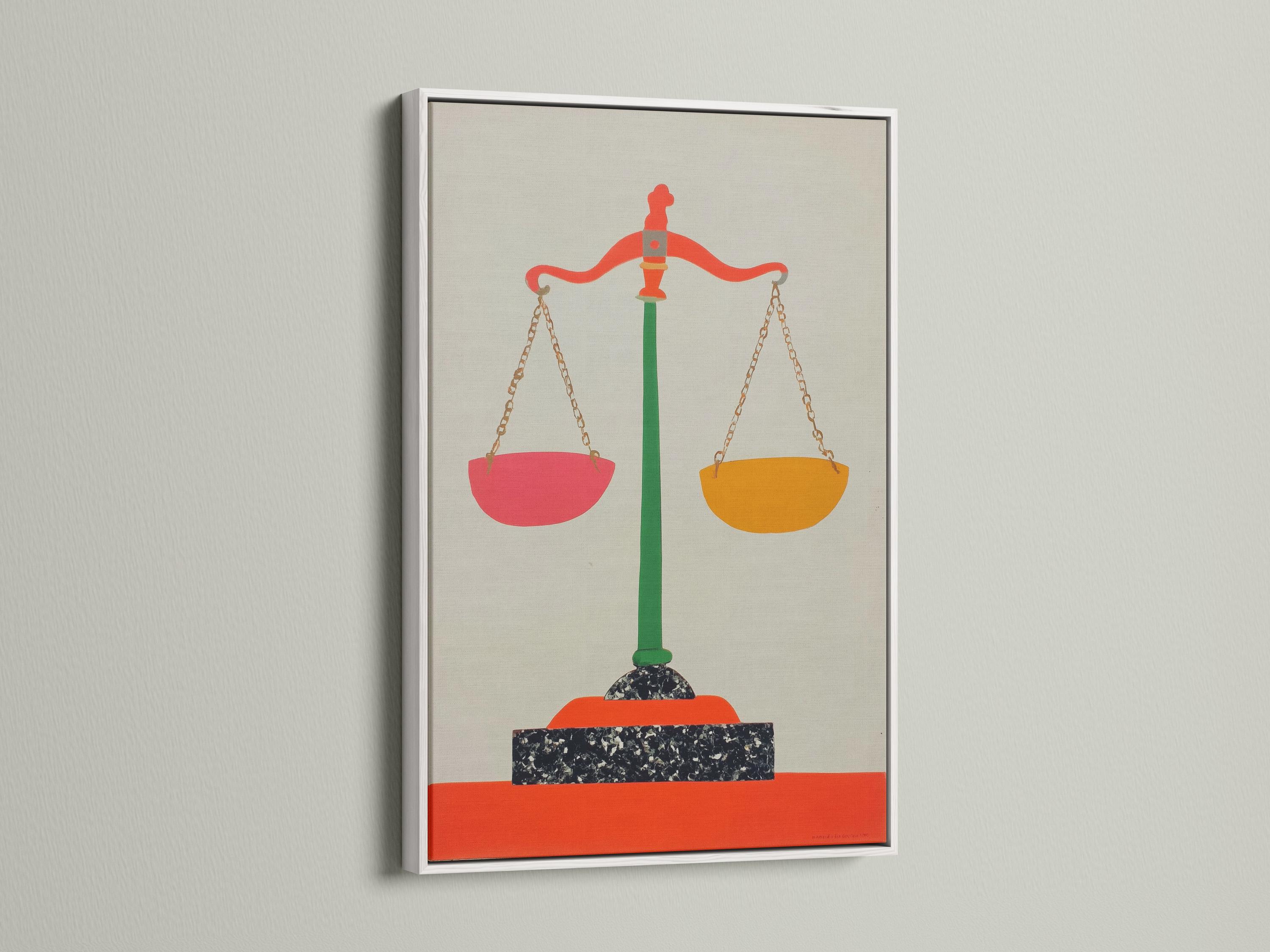 A stylised balance scale icon with a green stand and red and orange pans sits centrally on a pale background, framed by a thin border detail view