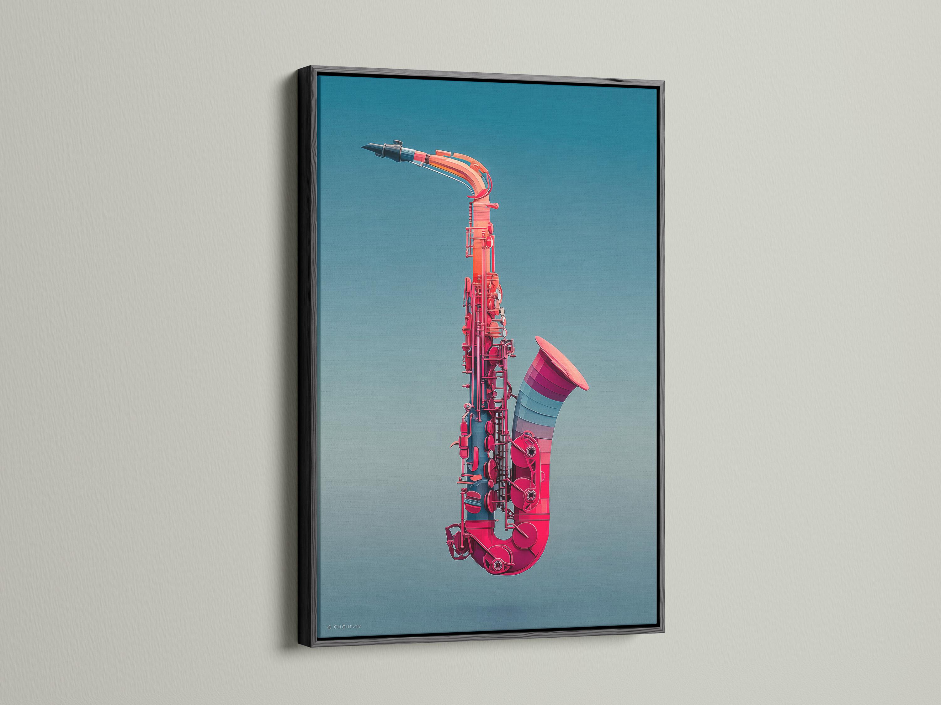 Stylised saxophone illustration in red on a teal-blue background detail view