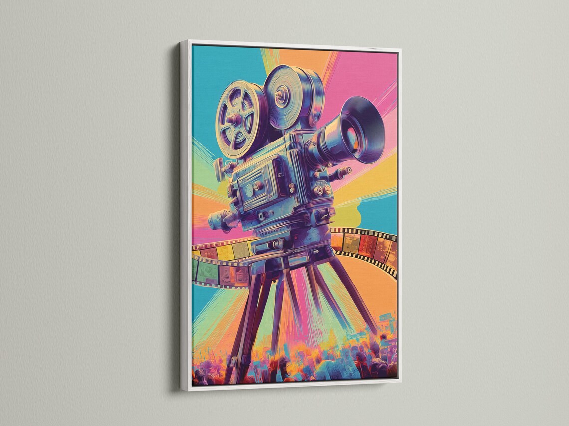 Stylised vintage movie camera in turquoise, hot pink and purple with a curved film strip detail view