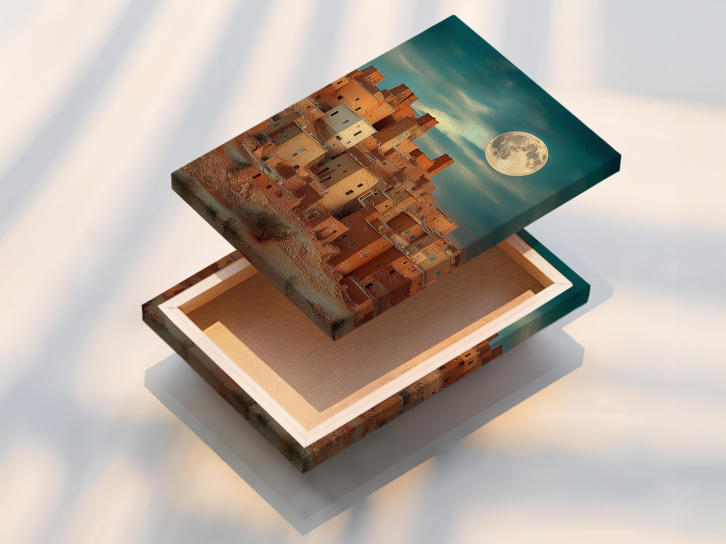 Moonlit desert village with warm buildings and a glowing full moon in a textured teal sky detail view