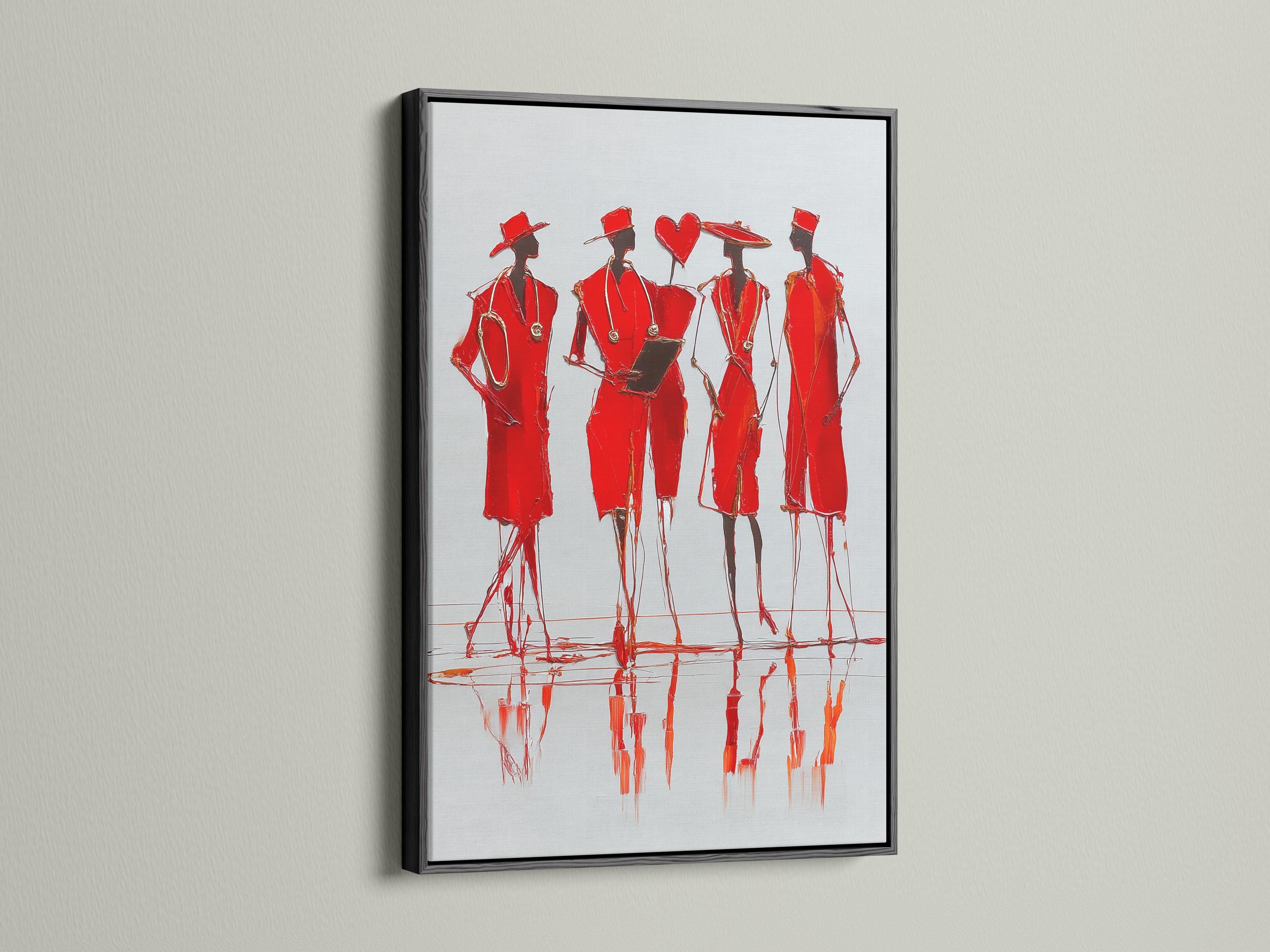 Stylised group of red fashion figures in hats with sketchy outlines and mirrored red reflections detail view