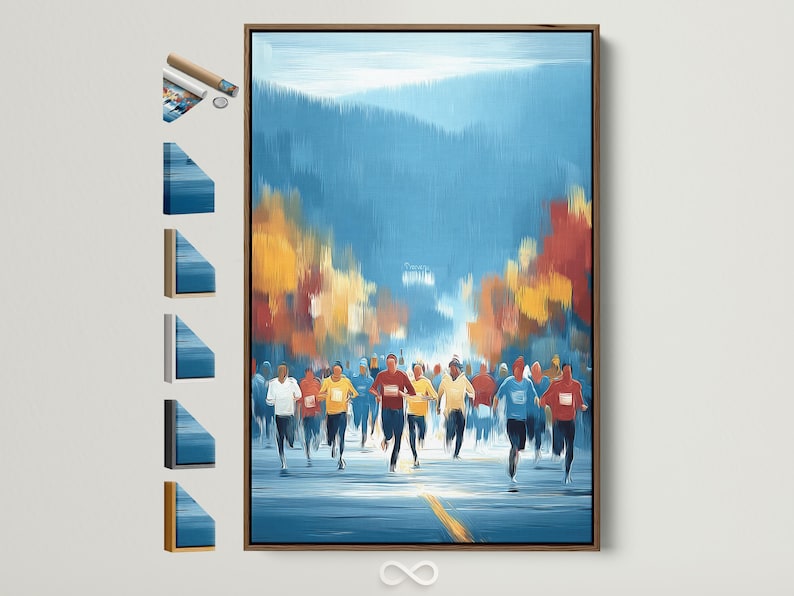 Stylised painting of runners in blue with warm gold horizon light and reflective foreground