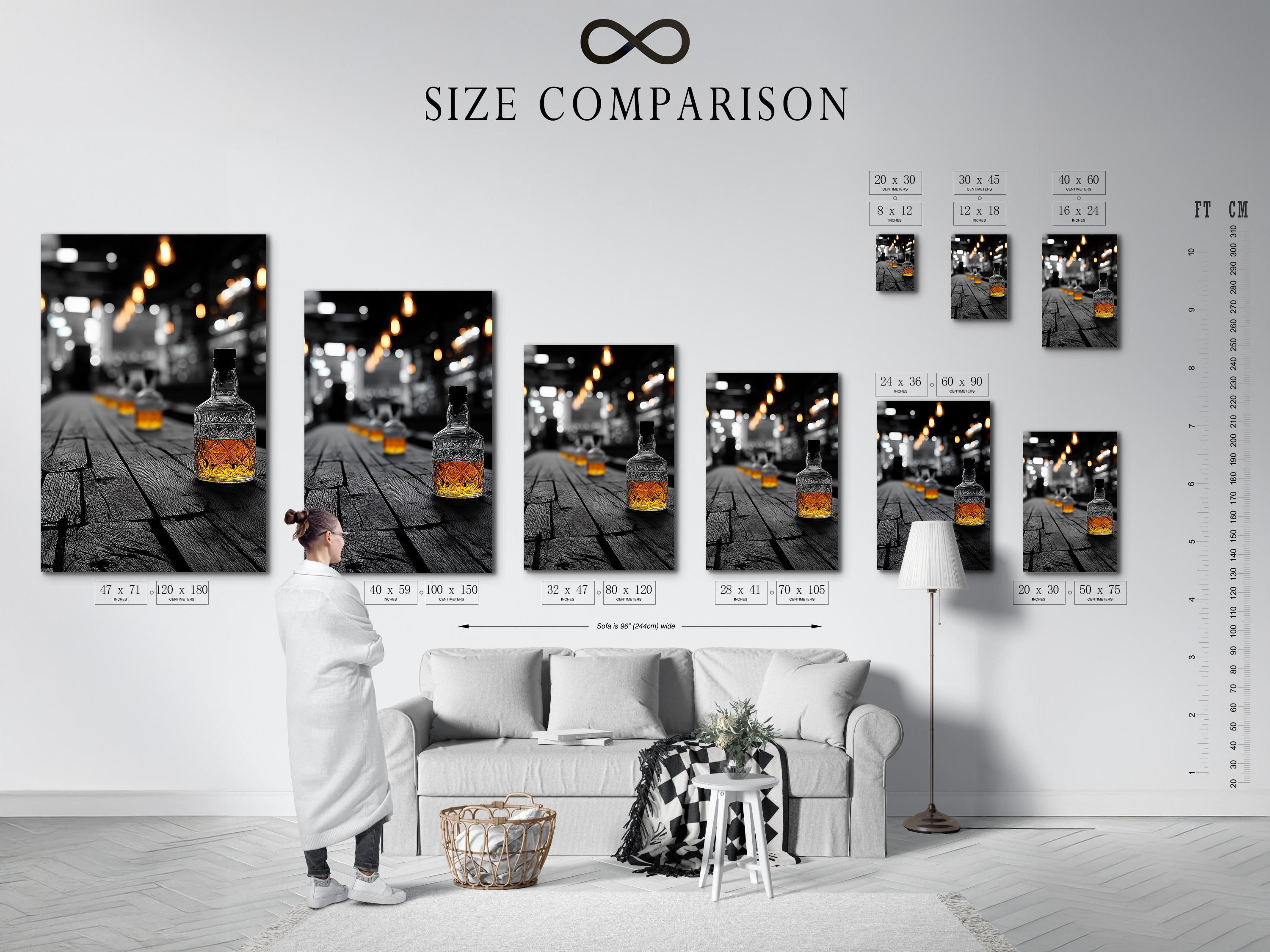 Room mockup showing a wall with framed artwork of a pub scene bottle with amber light accents