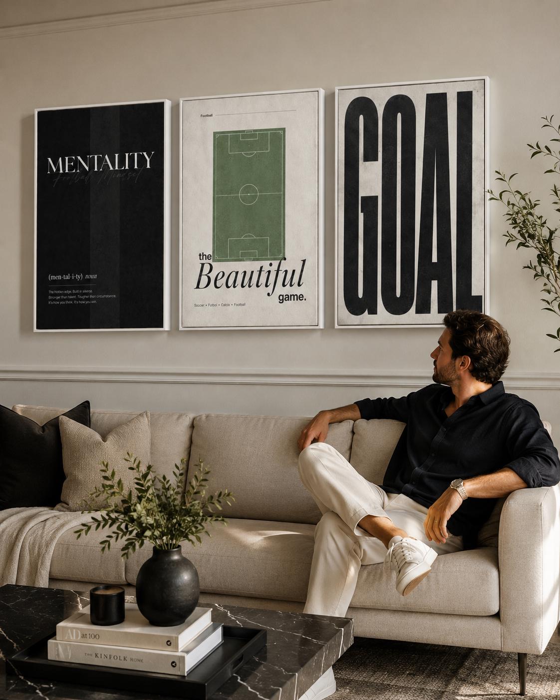 Football typography wall art set of three panels displayed above a desk in a room