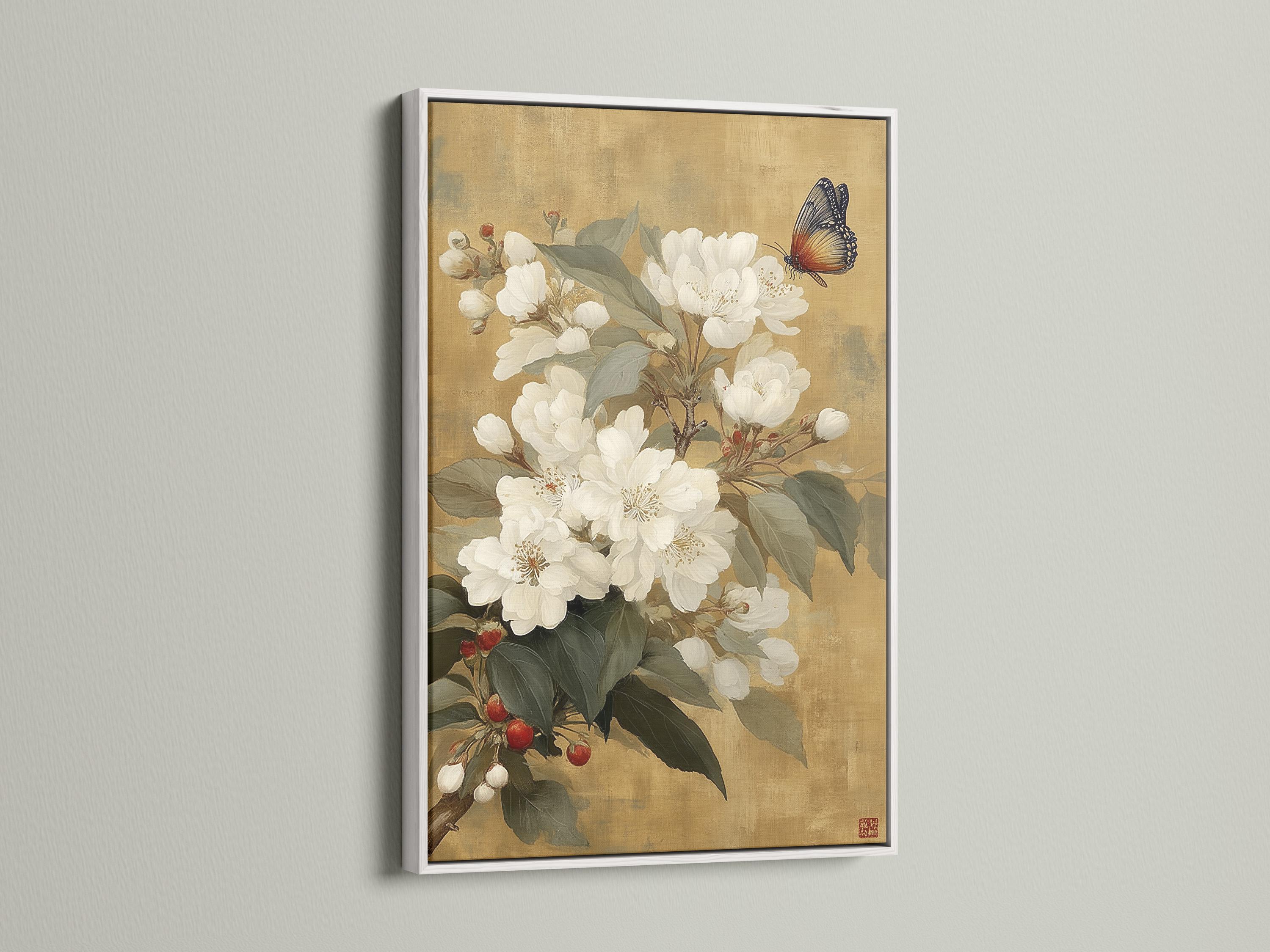 White blossom flowers with green leaves and a butterfly on a warm beige background detail view