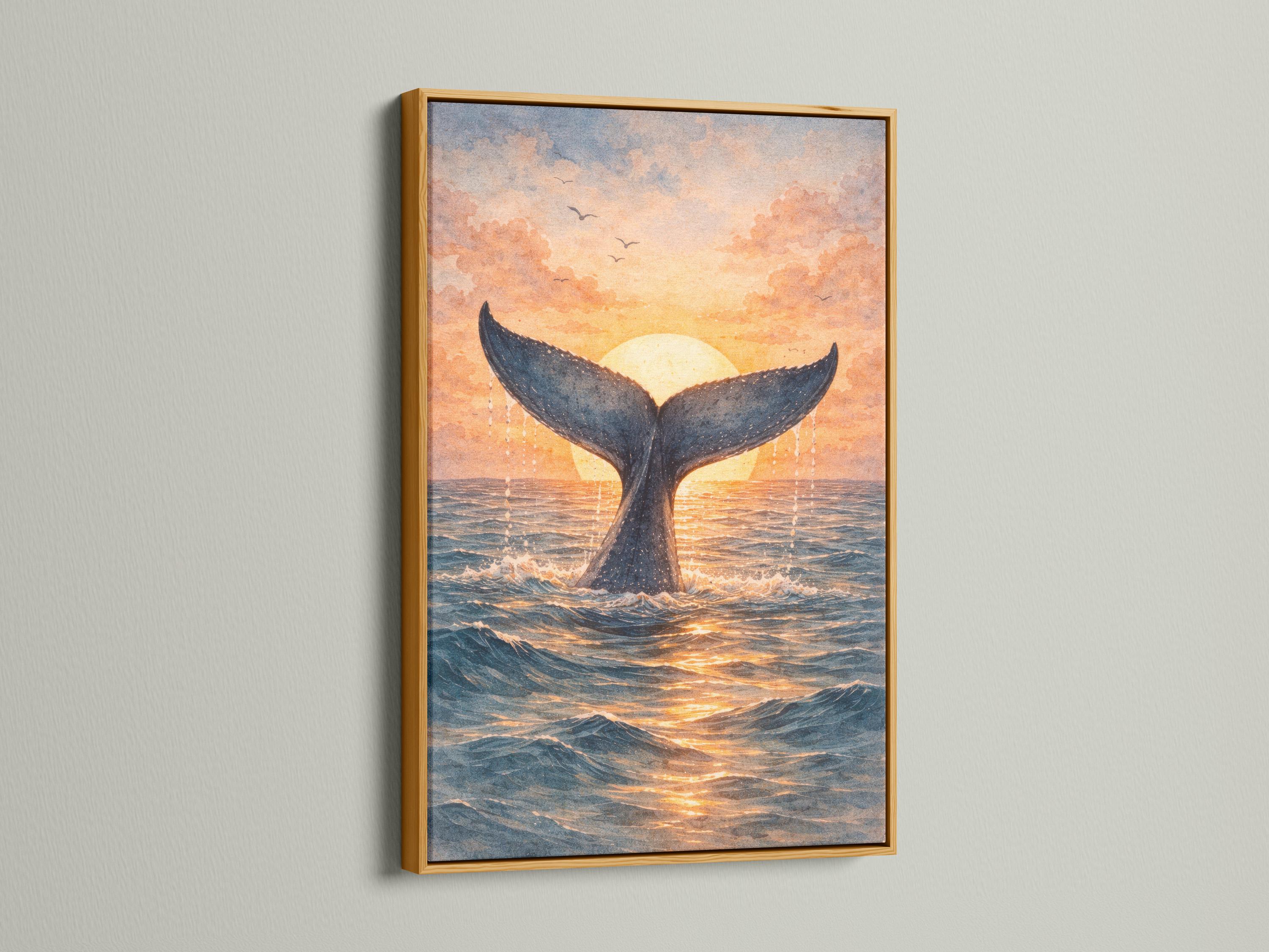 Whale tail sunset artwork hanging in a coastal cafe setting with signs and shelves