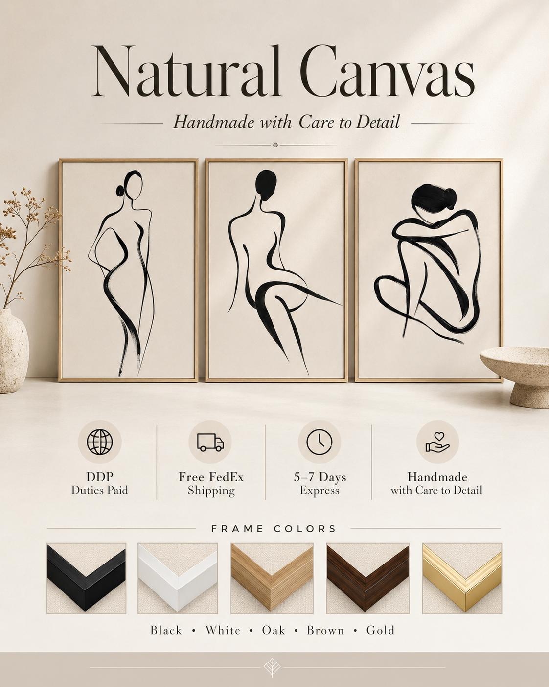 Three black minimalist female figure line drawings on neutral backgrounds detail view