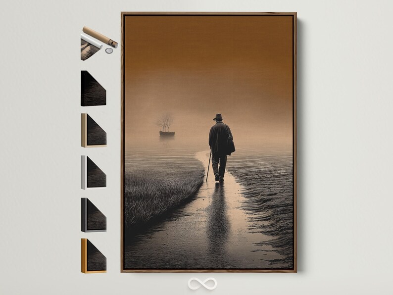 Warm brown and beige seascape with a lone walker on a rippled shoreline and a leafless tree on the horizon