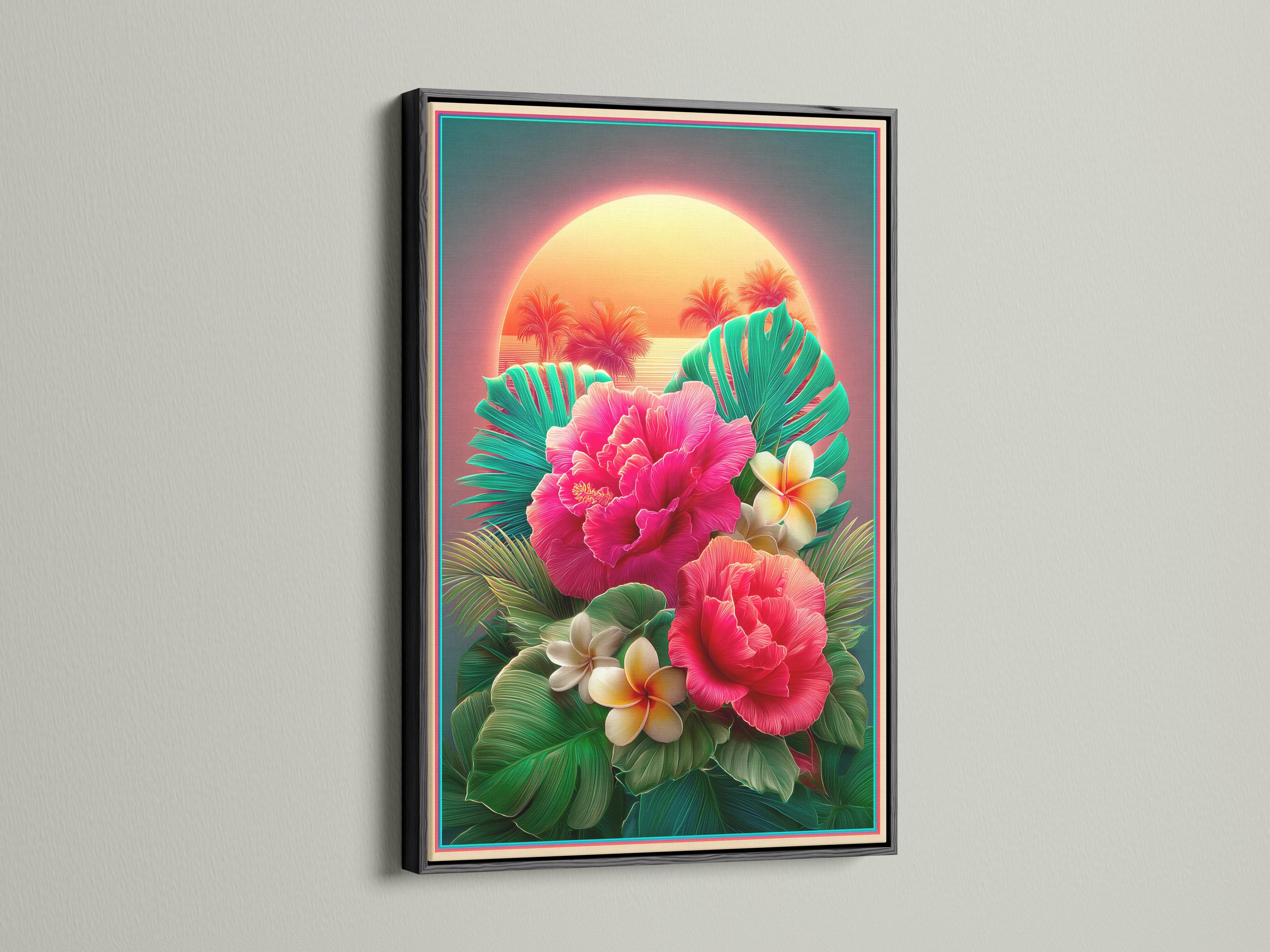 Tropical floral artwork with pink hibiscus flowers, teal palm leaves and a glowing sunset halo detail view