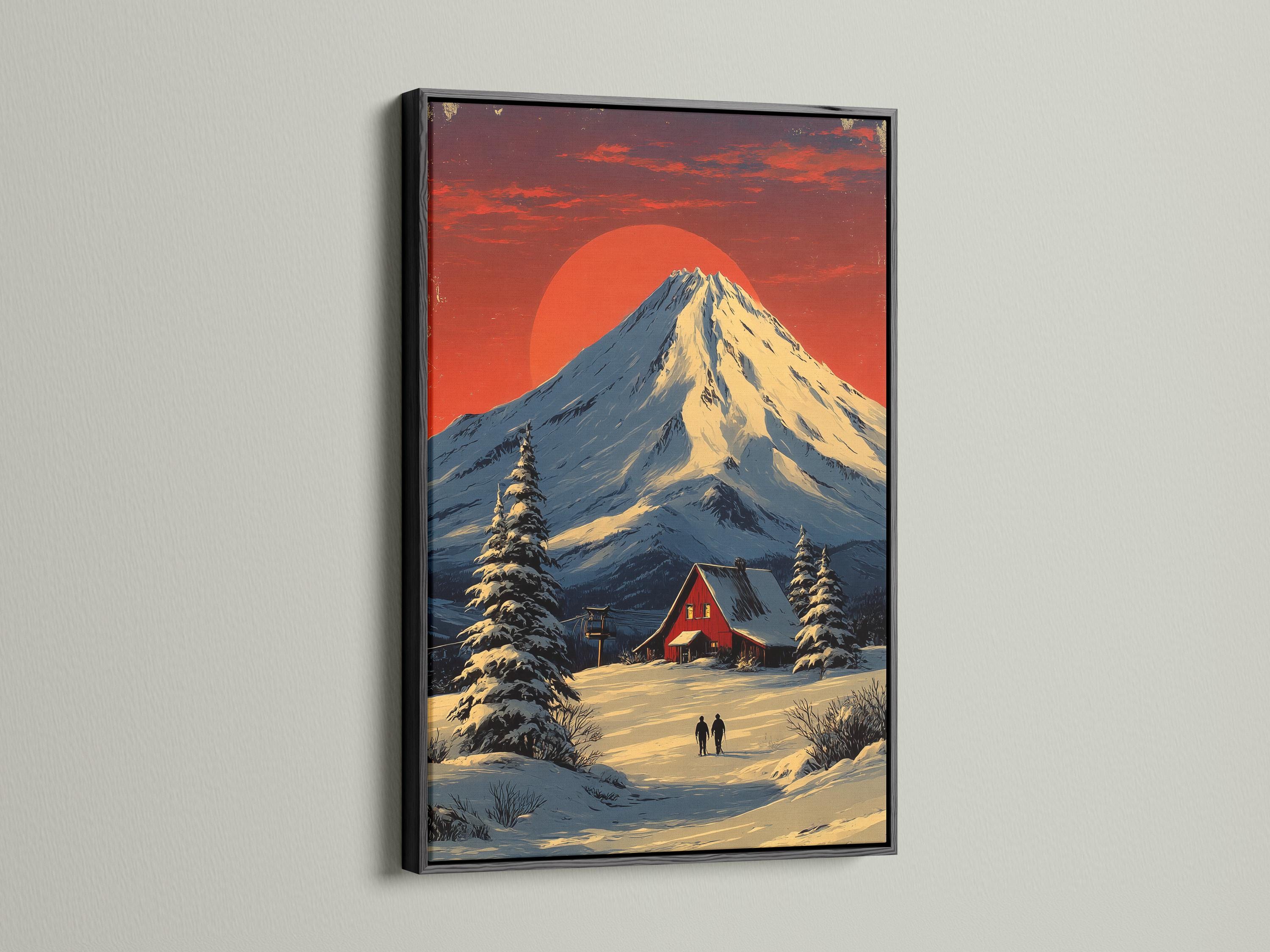Illustrated winter mountain landscape with a snowy peak, red cabin, pine trees and two silhouettes walking detail view
