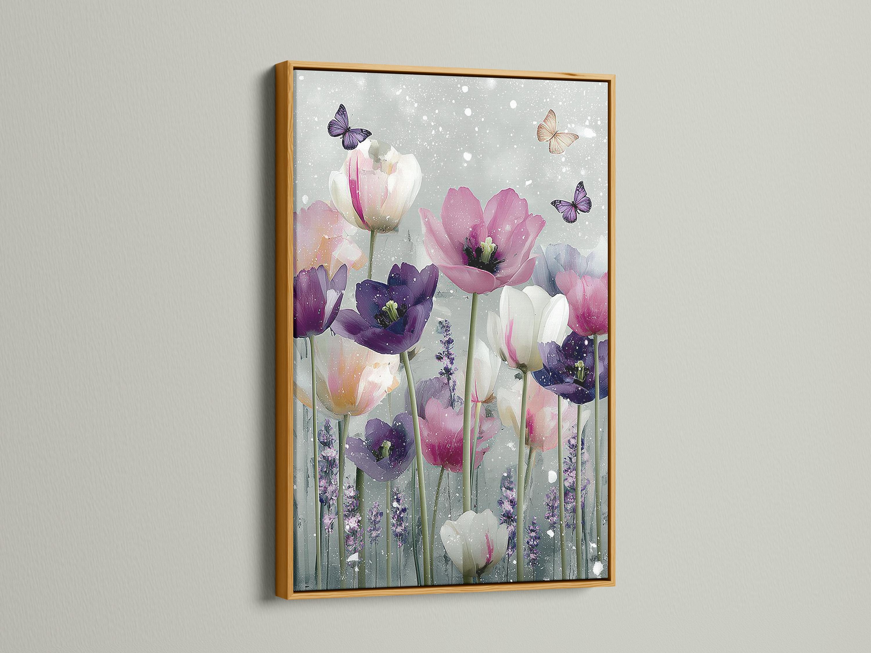 Tulip bouquet with butterflies in blush pink and purple on a pale speckled background detail view
