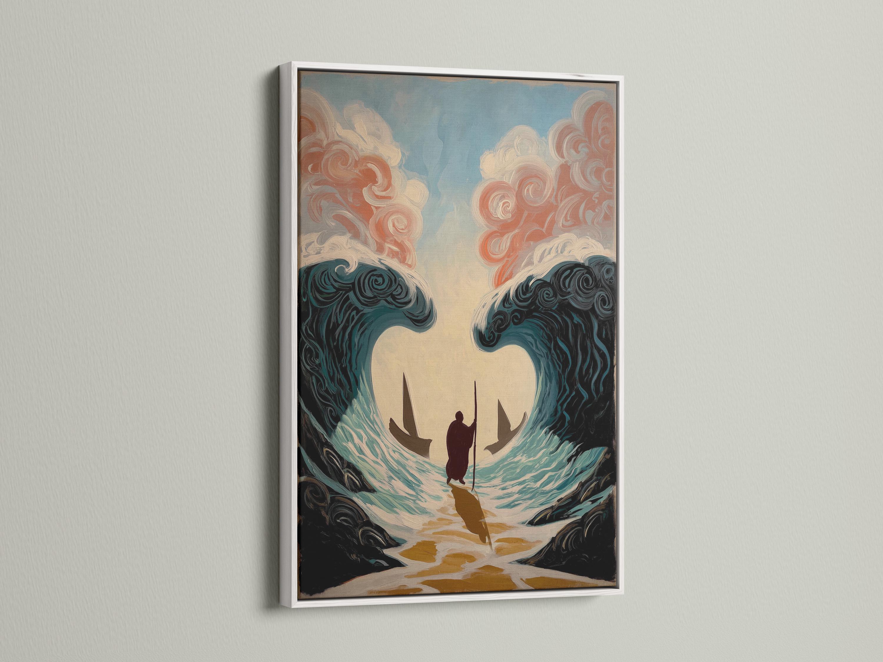 Artwork mockup showing an ocean waves painting on a wall with several angled frame previews