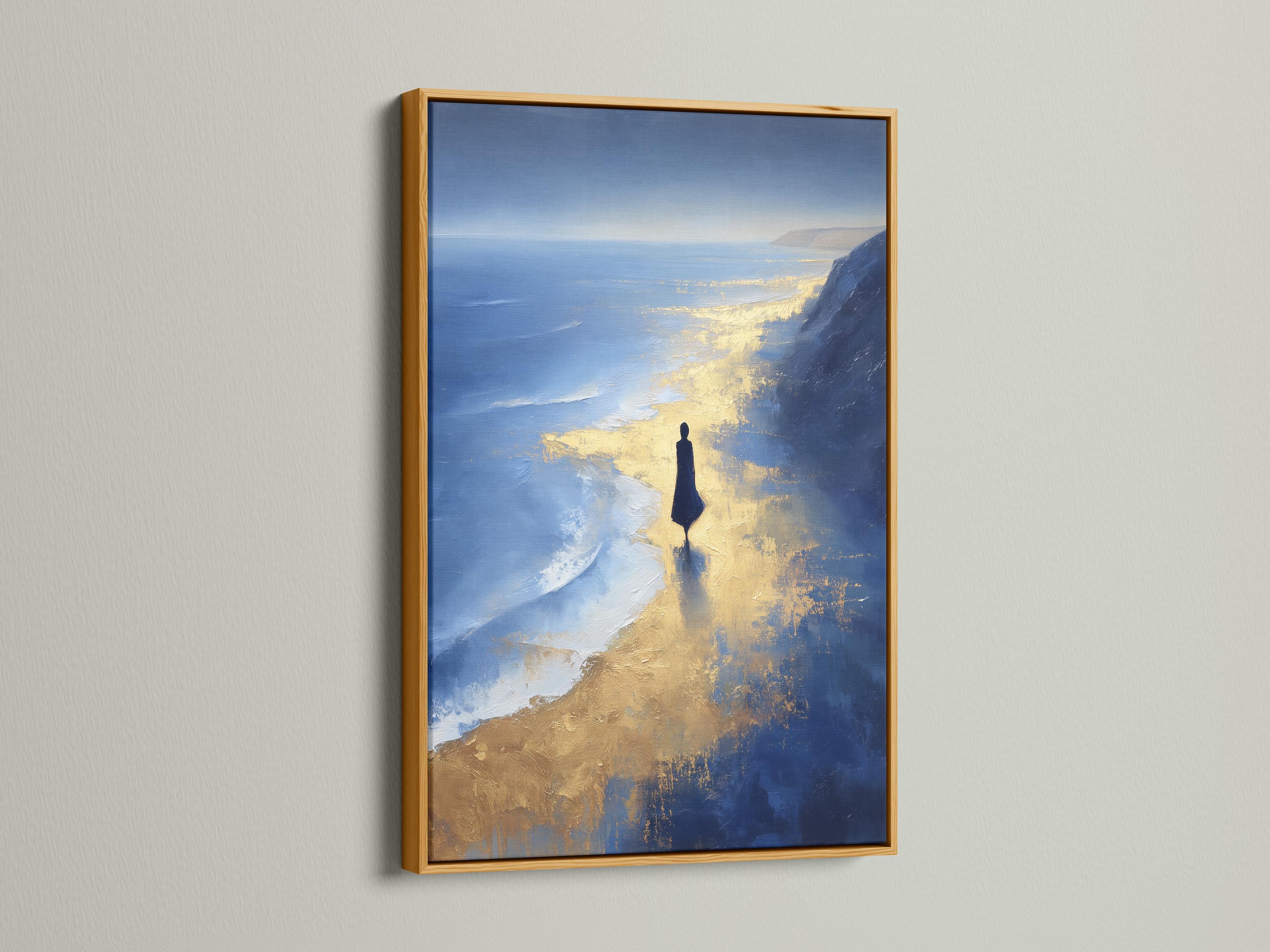 Painterly navy blue seascape with gold reflections and a dark human silhouette near the shoreline detail view