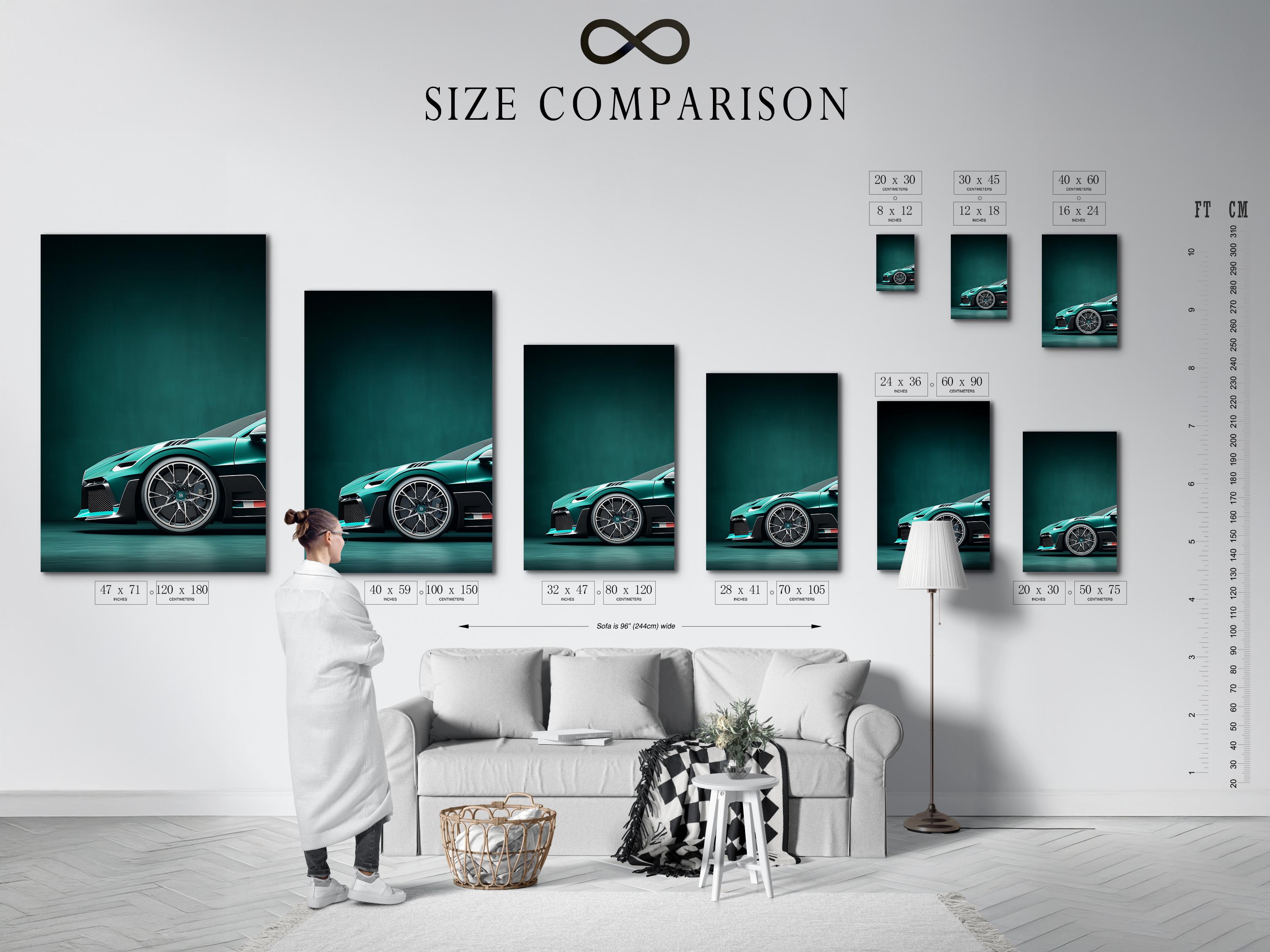 Wall mockup showing a framed teal sports car artwork with smaller preview thumbnails