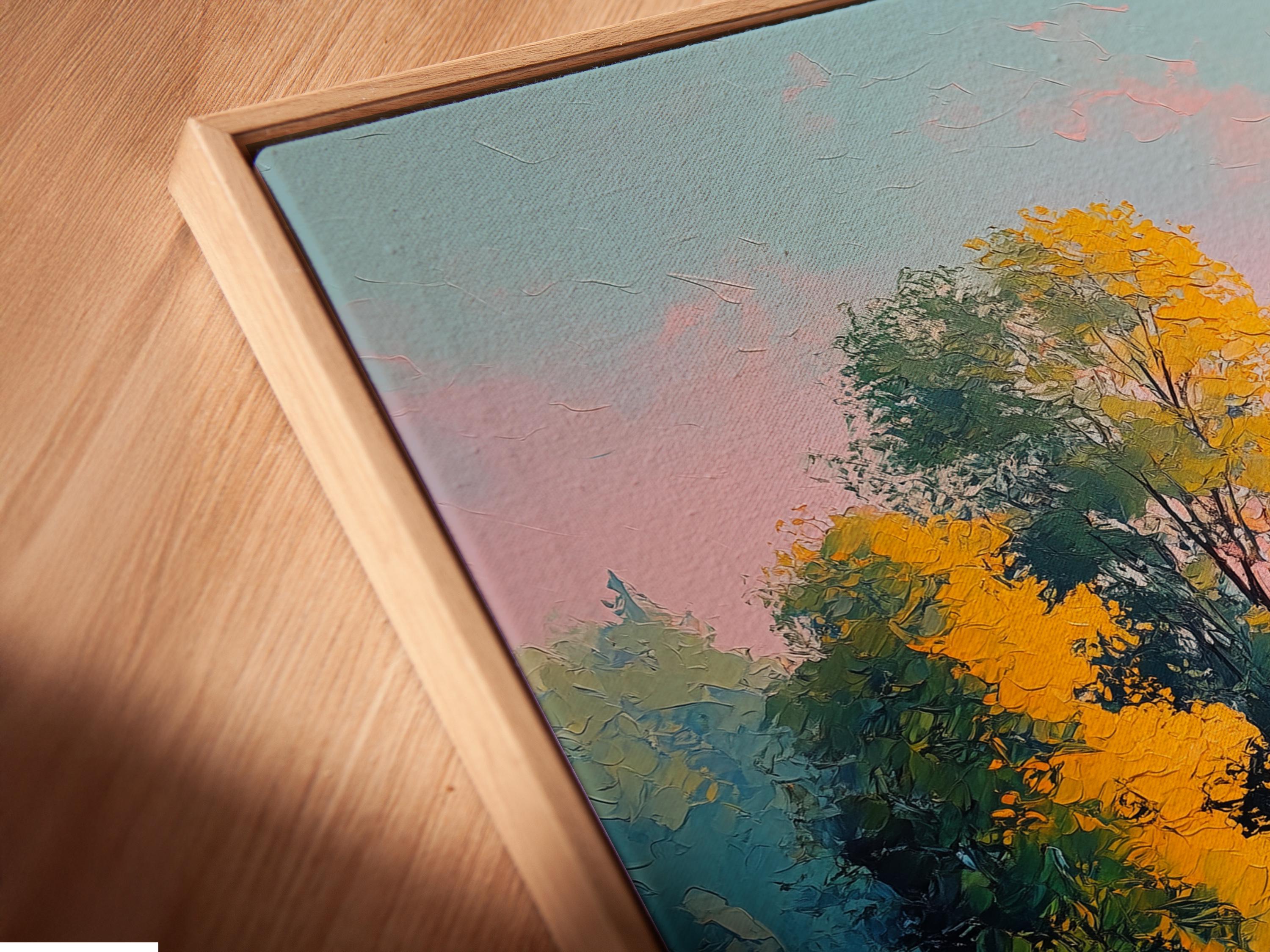 Painterly countryside landscape with a lone tree, golden fields, winding path and pastel pink-blue sky detail view