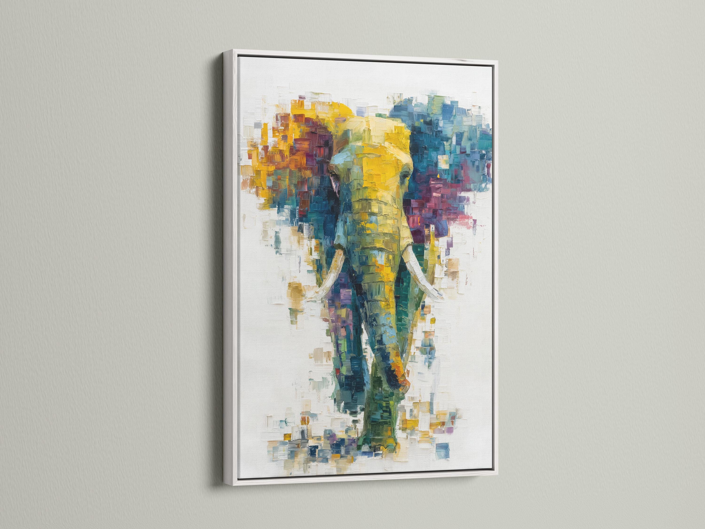Abstract elephant artwork with layered teal, yellow and magenta colour blocks on an off-white background detail view
