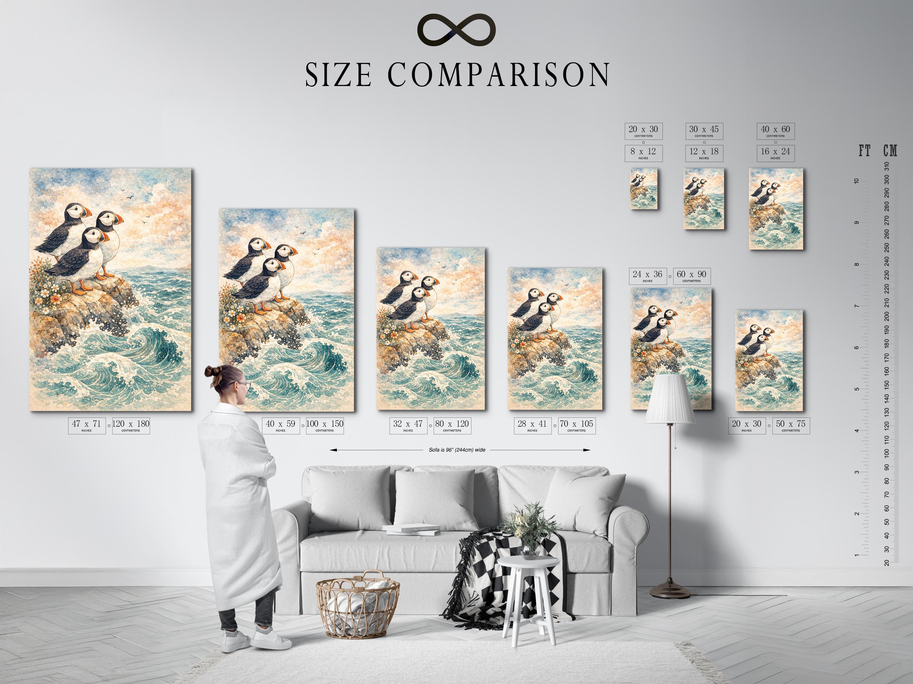 Illustrated puffins perched on a rocky cliff above swirling ocean waves with wildflowers and clouds detail view